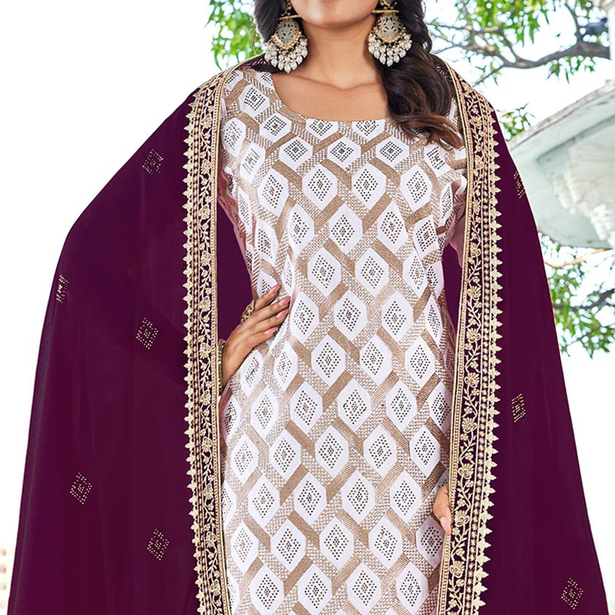 White & Purple Embroidered With Swarovski Vichitra Silk Dress Material