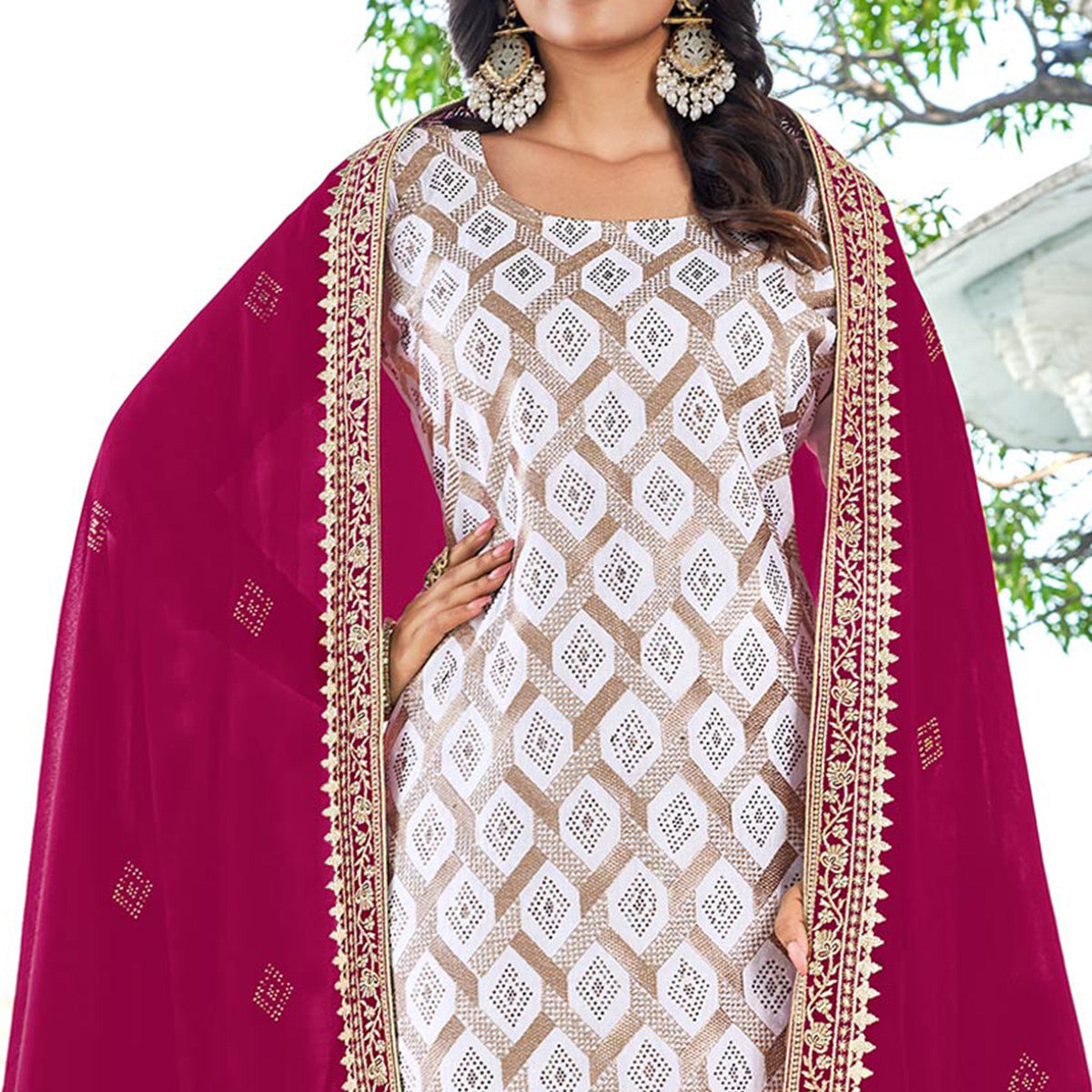 White & Rani Pink Embroidered With Swarovski Vichitra Silk Dress Material