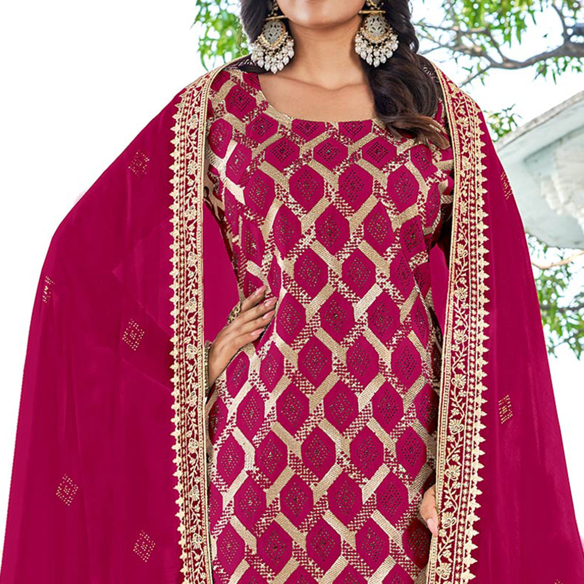 Rani Pink Embroidered With Swarovski Vichitra Silk Dress Material