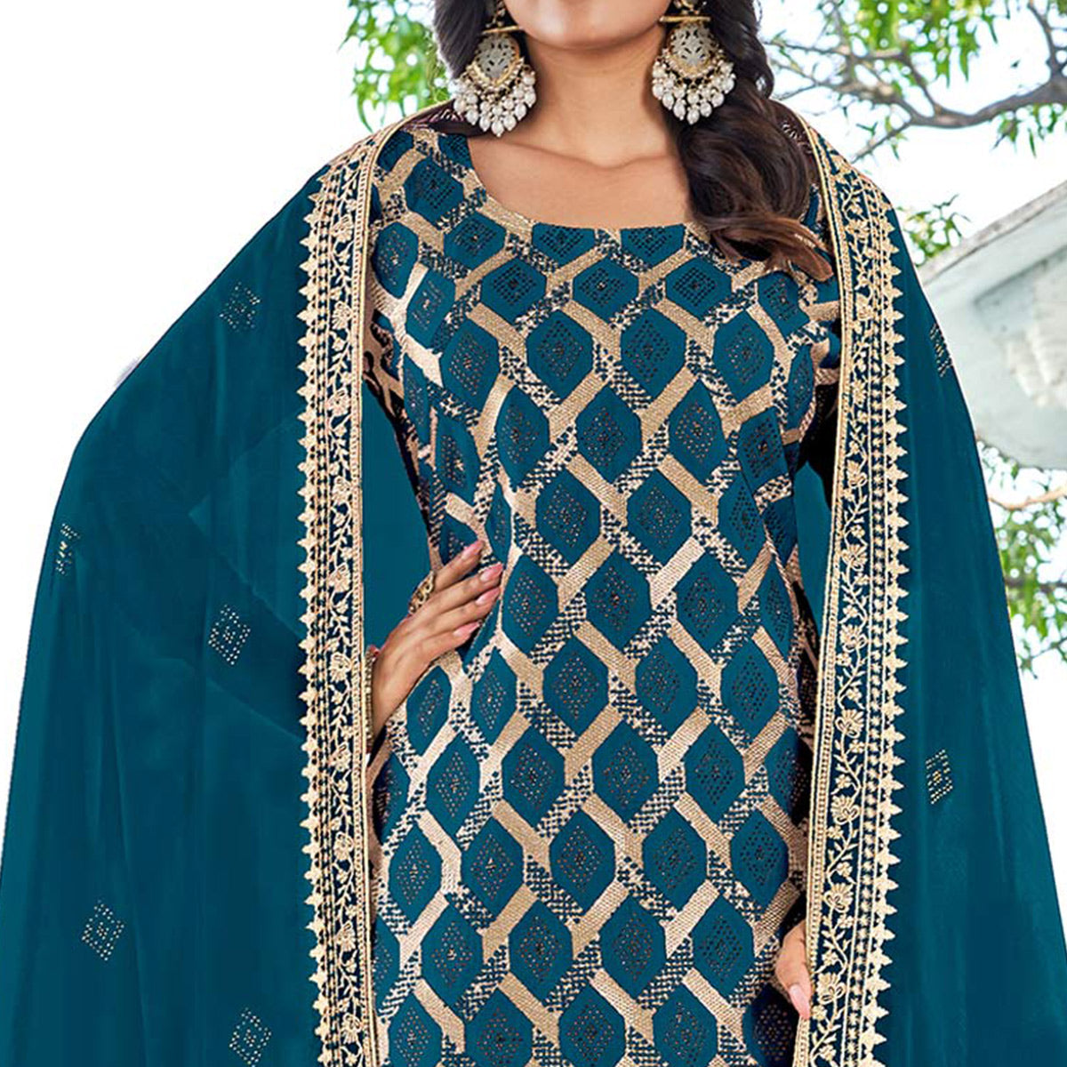 Morpich Embroidered With Swarovski Vichitra Silk Dress Material