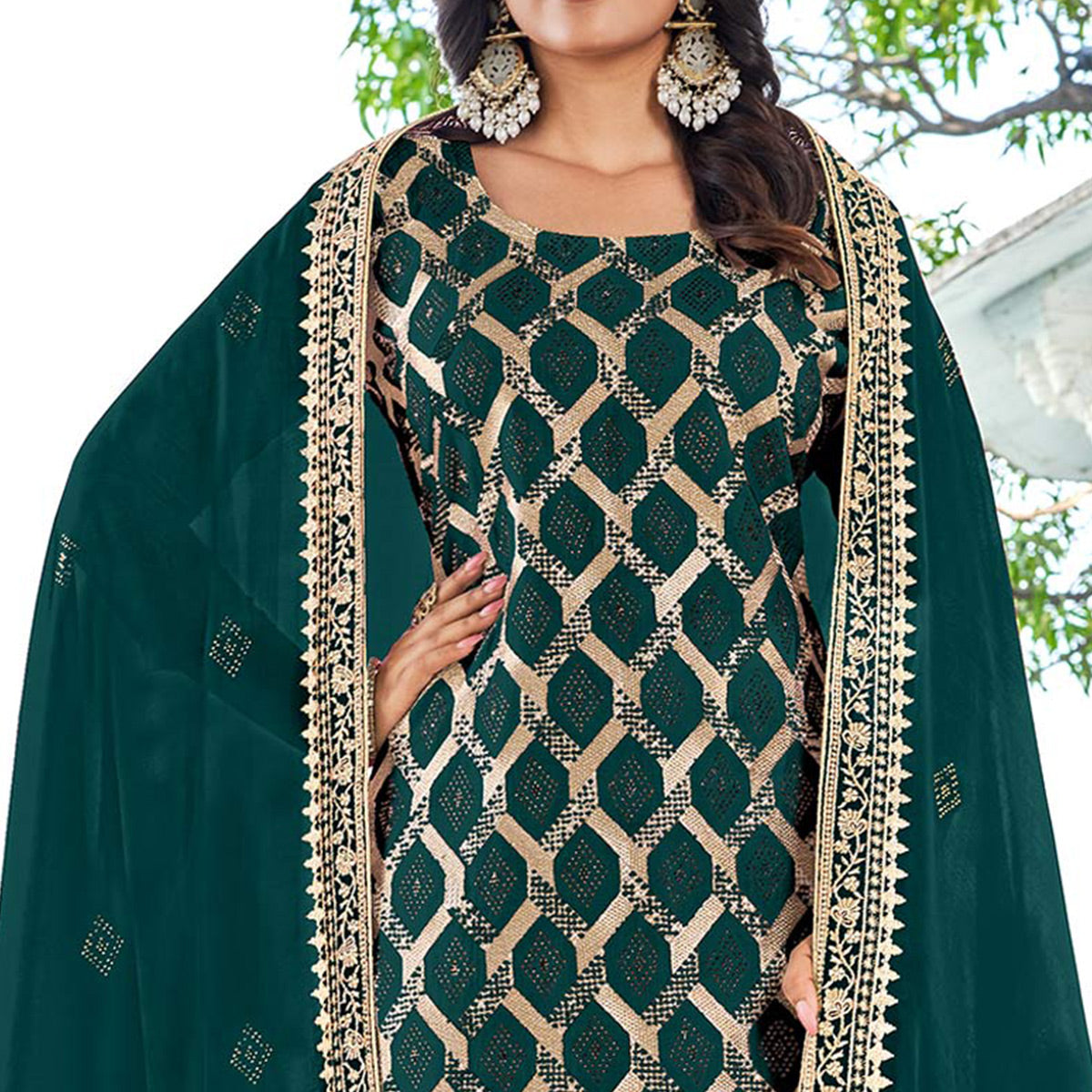 Green Embroidered With Swarovski Vichitra Silk Dress Material