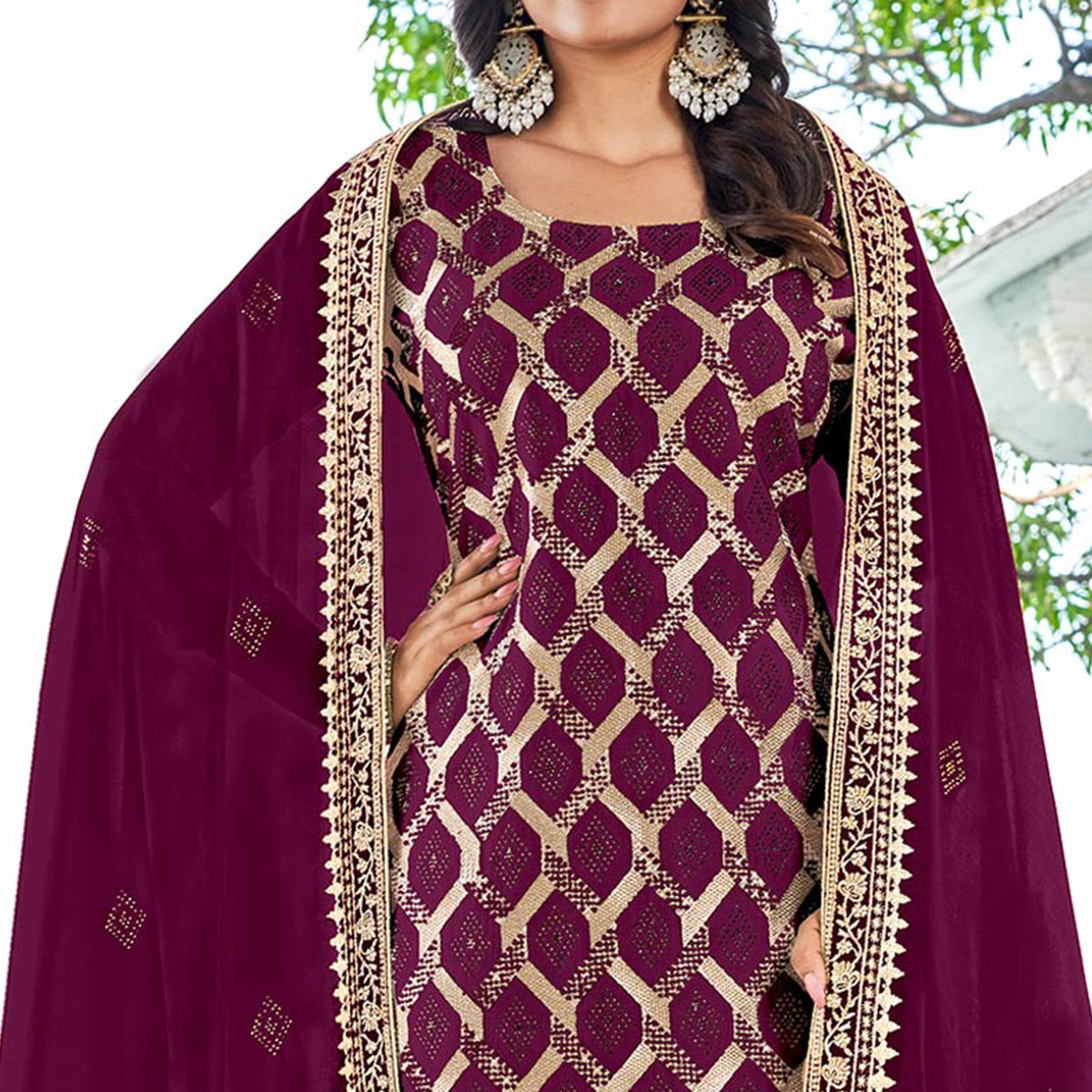 Purple Embroidered With Swarovski Vichitra Silk Dress Material