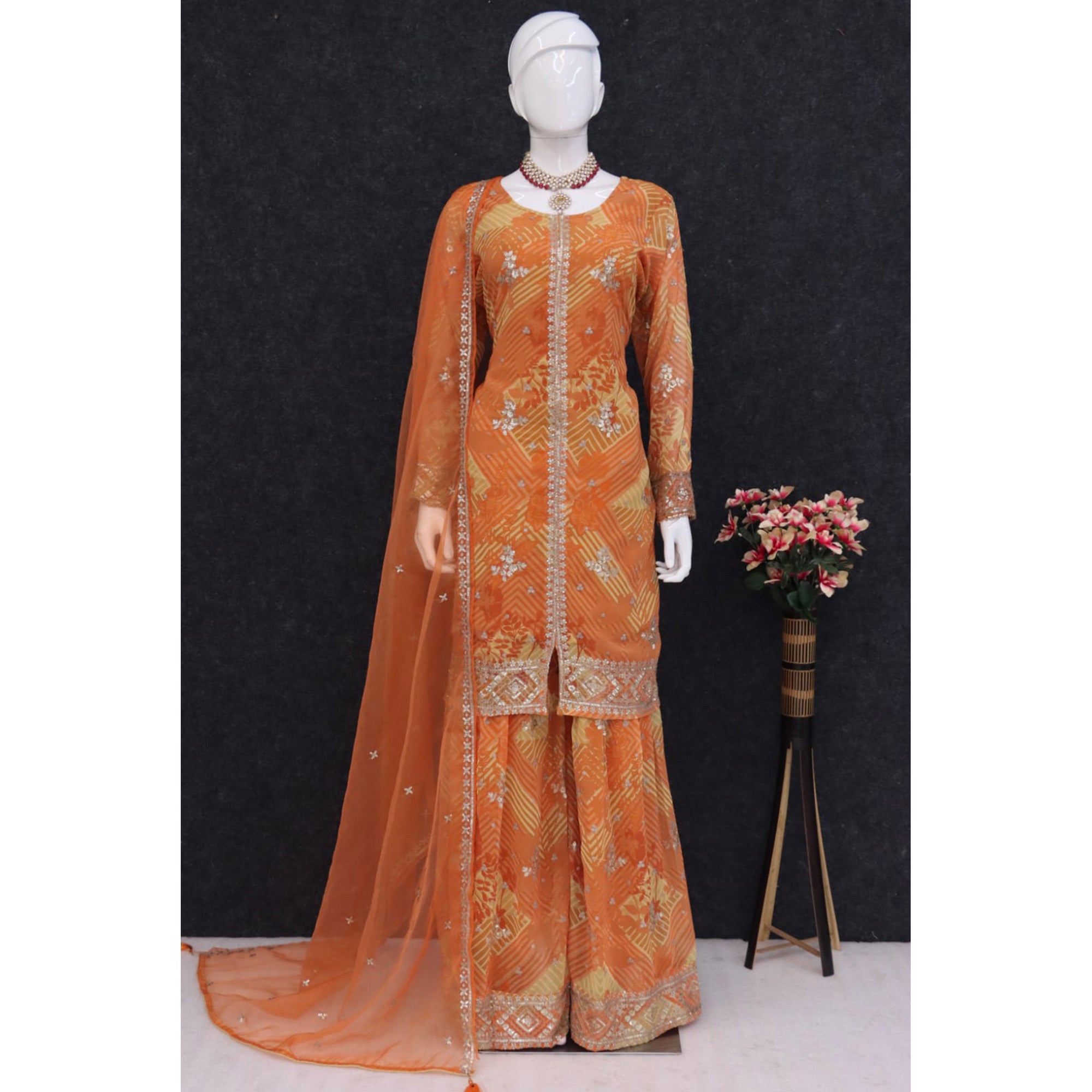 Orange Sequins Embroidered Georgette Sharara Suit