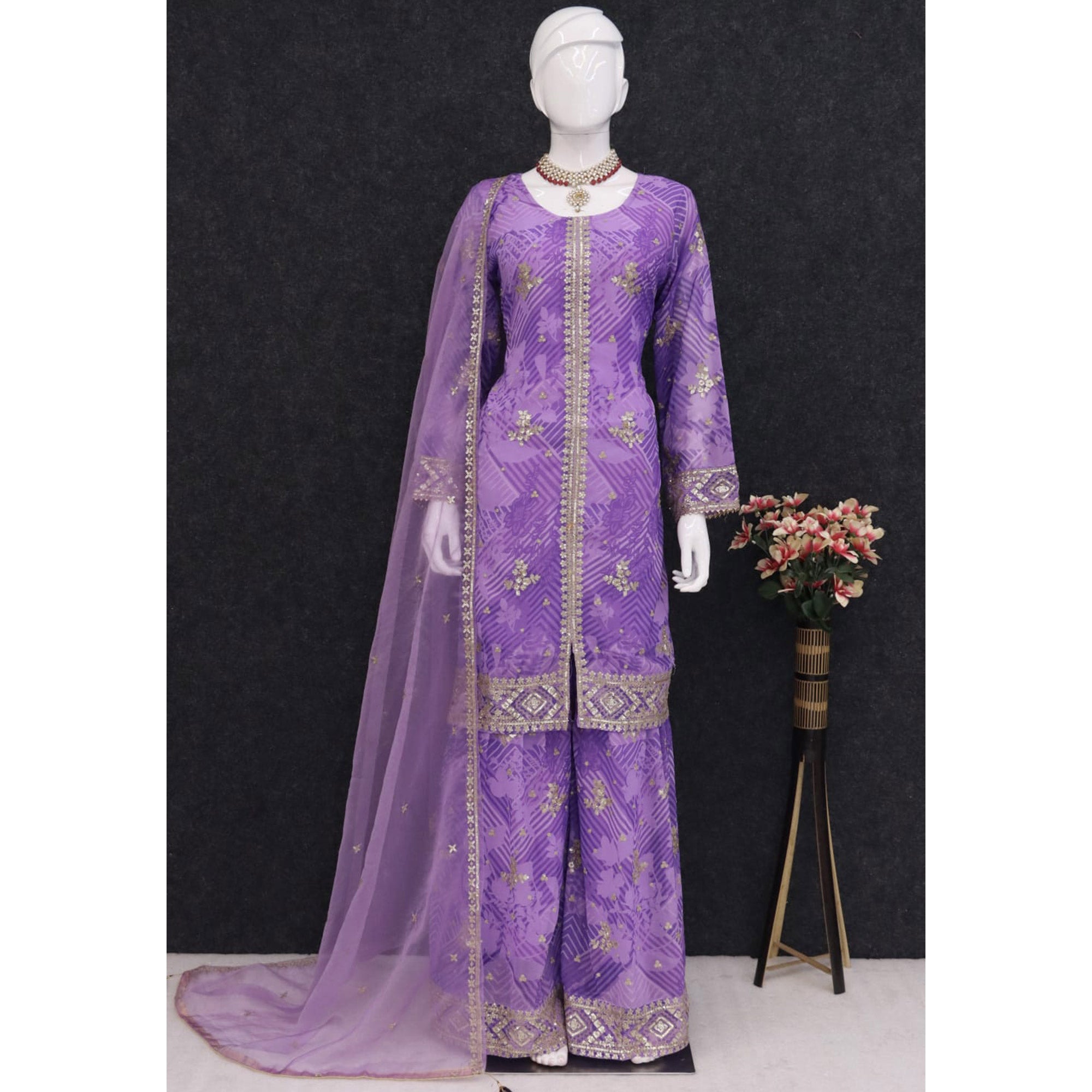 Purple Sequins Embroidered Georgette Sharara Suit