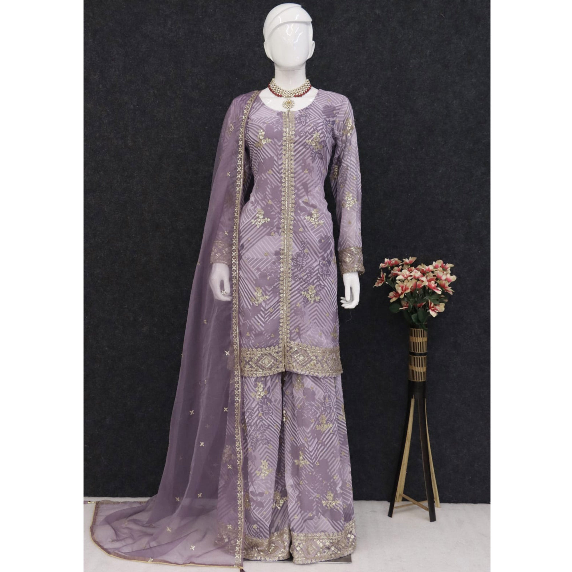 Mauve Sequins Embroidered Georgette Sharara Suit