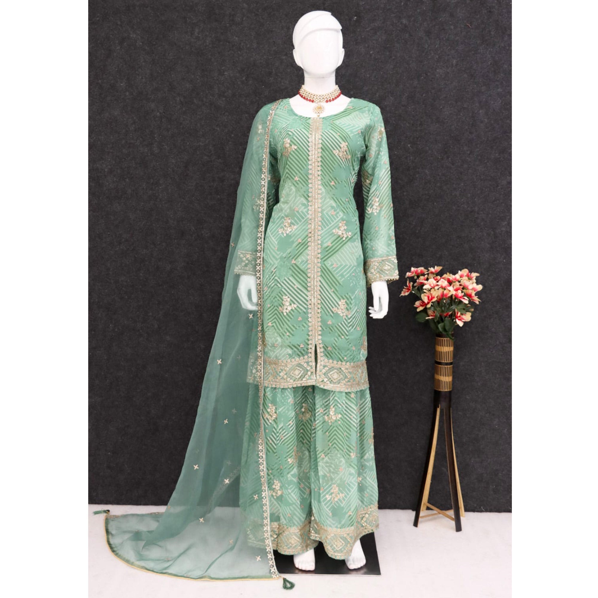 Pista Green Sequins Embroidered Georgette Sharara Suit