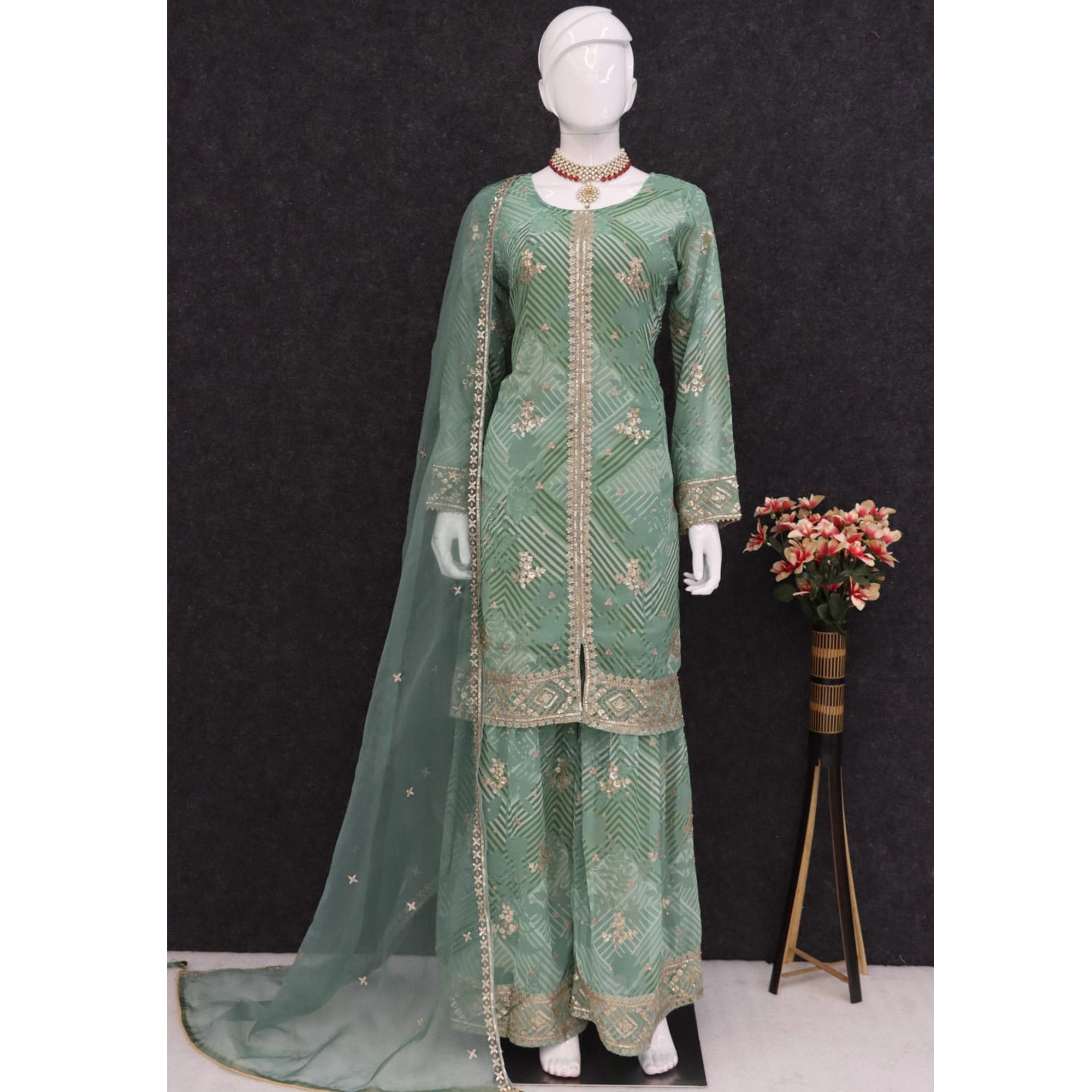 Dusty Green Sequins Embroidered Georgette Sharara Suit