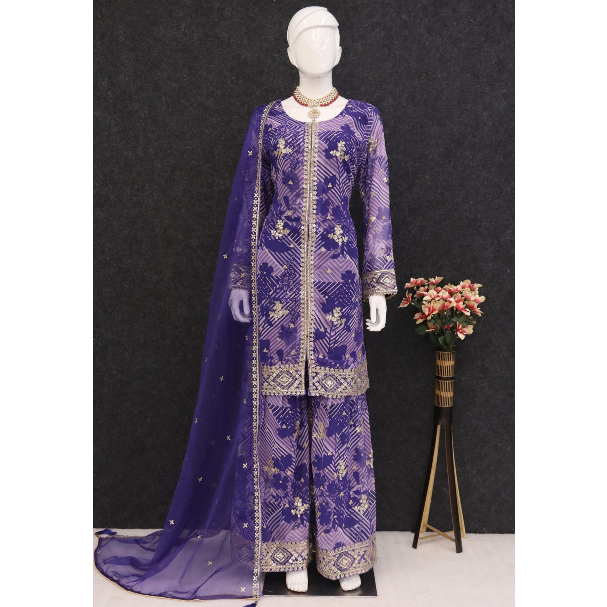 Violet Sequins Embroidered Georgette Sharara Suit