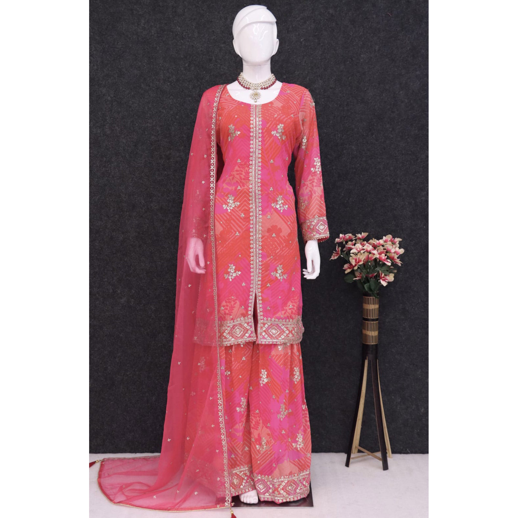 Pink Sequins Embroidered Georgette Sharara Suit