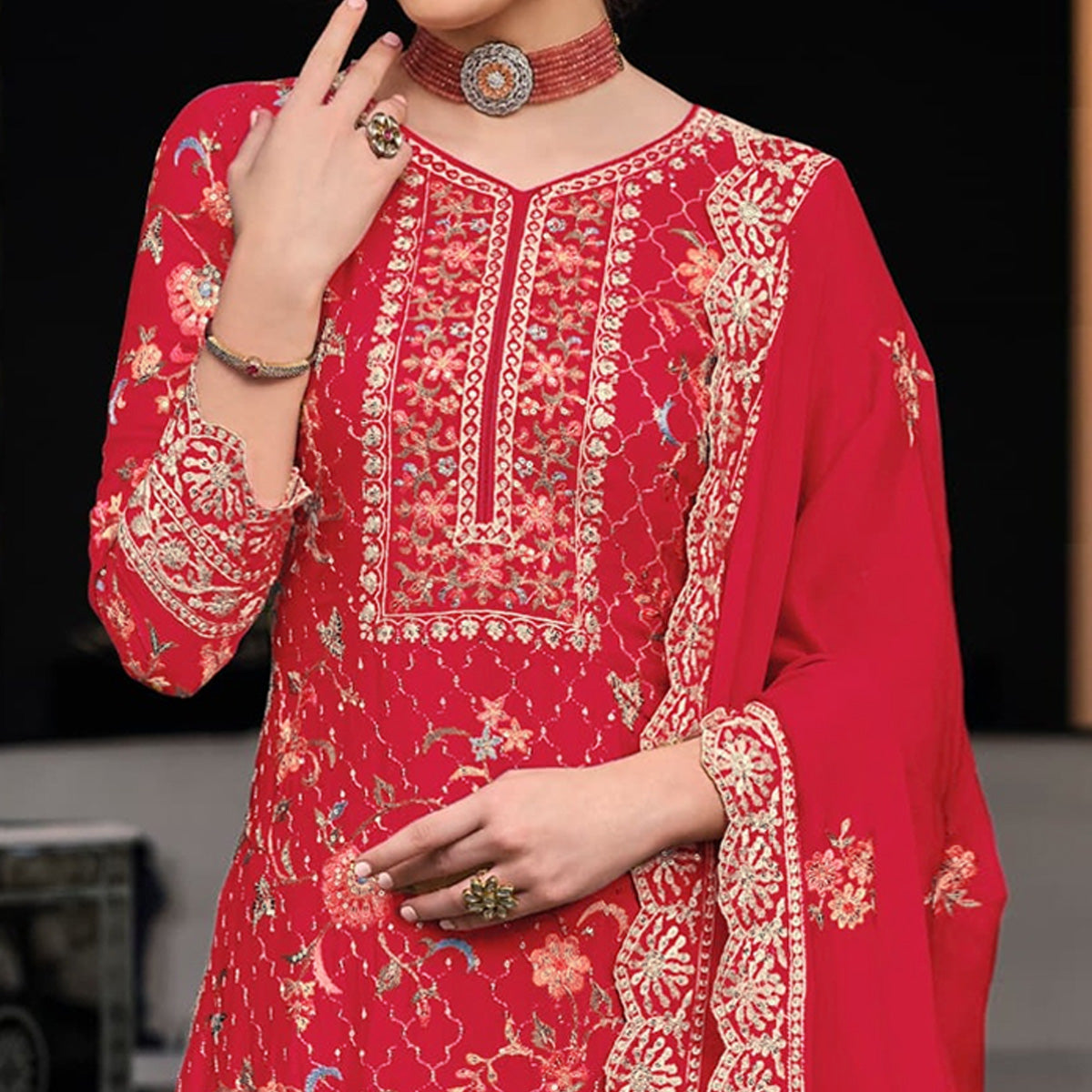 Red Floral Embroidered Pure Silk Unstitched Dress Material