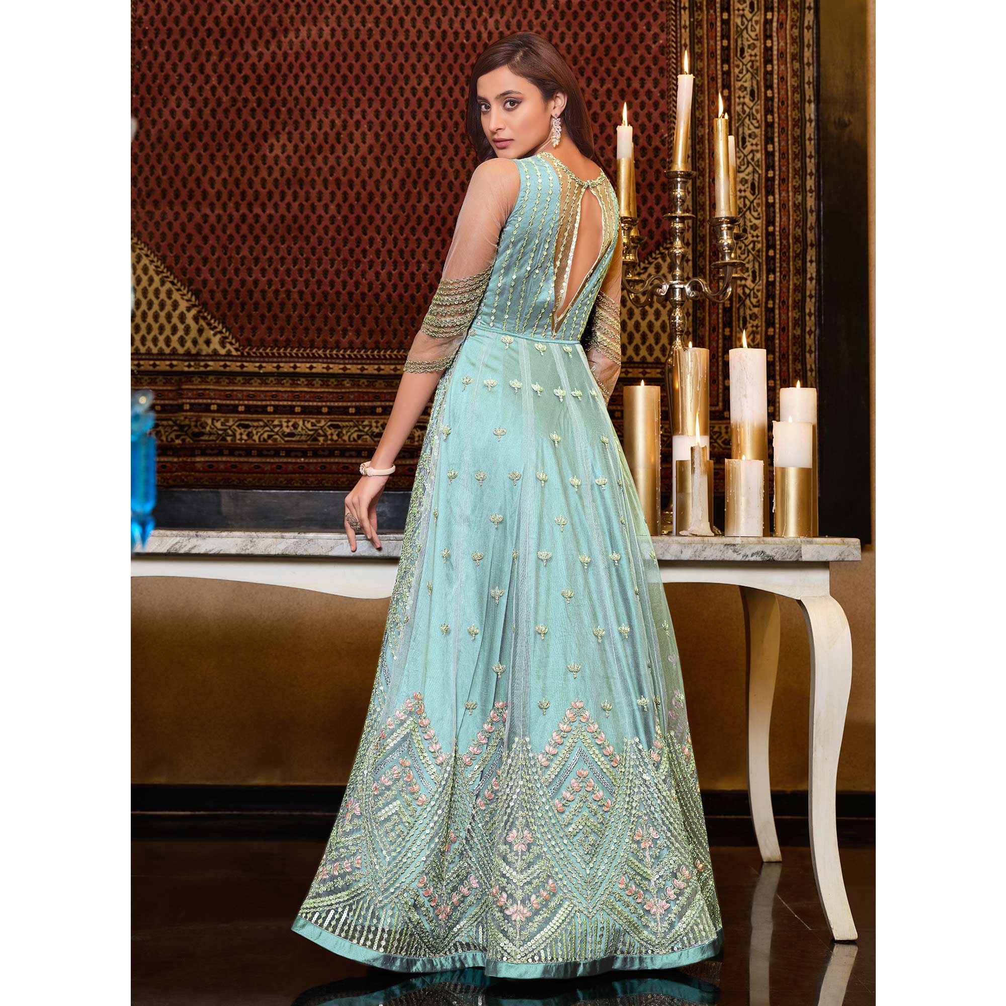 Cyan Blue Embroidered Heavy Net Semi Stitched Anarkali Suit