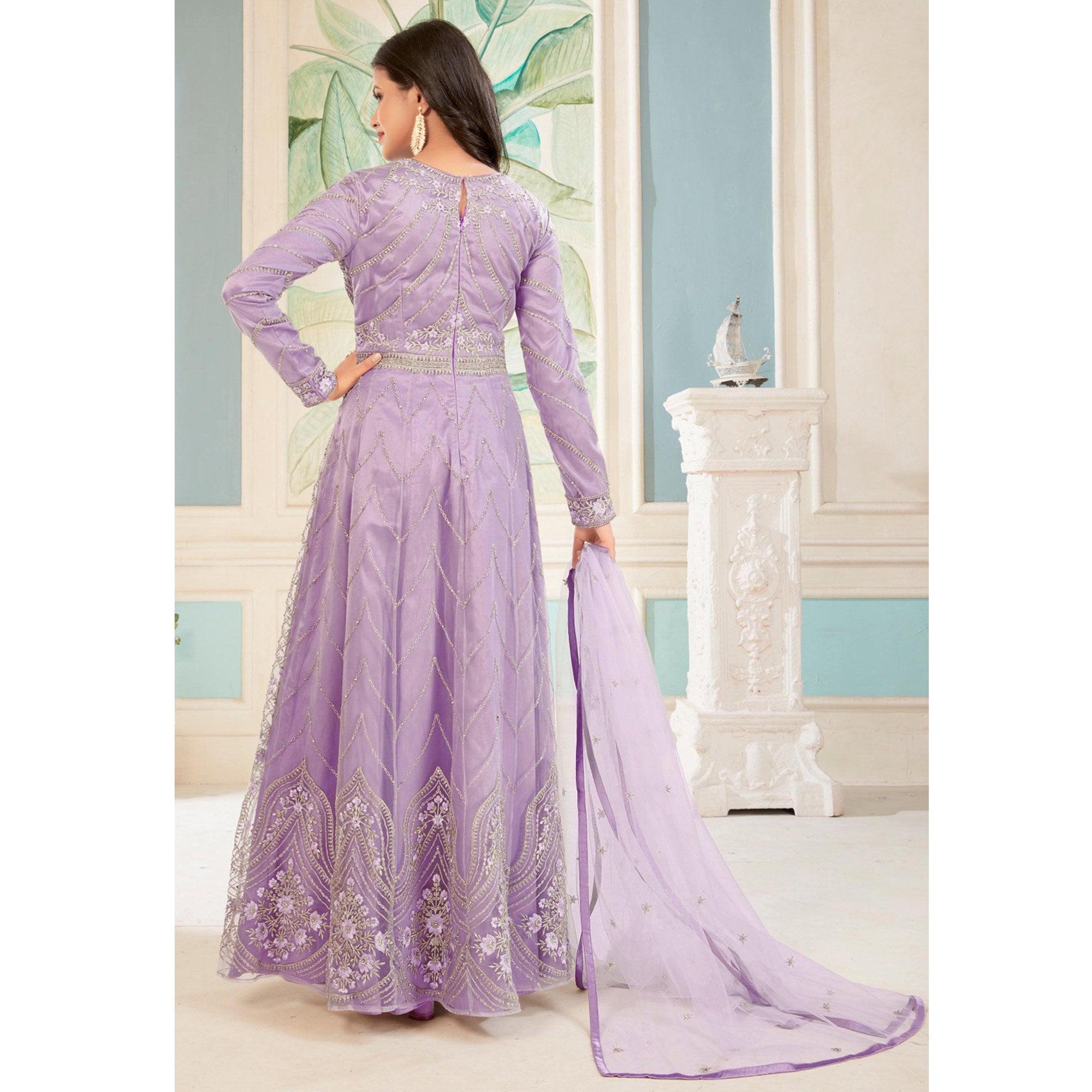 Thistle Purple Floral embroidetred Net Semi Stitched Anarkali Style Gown