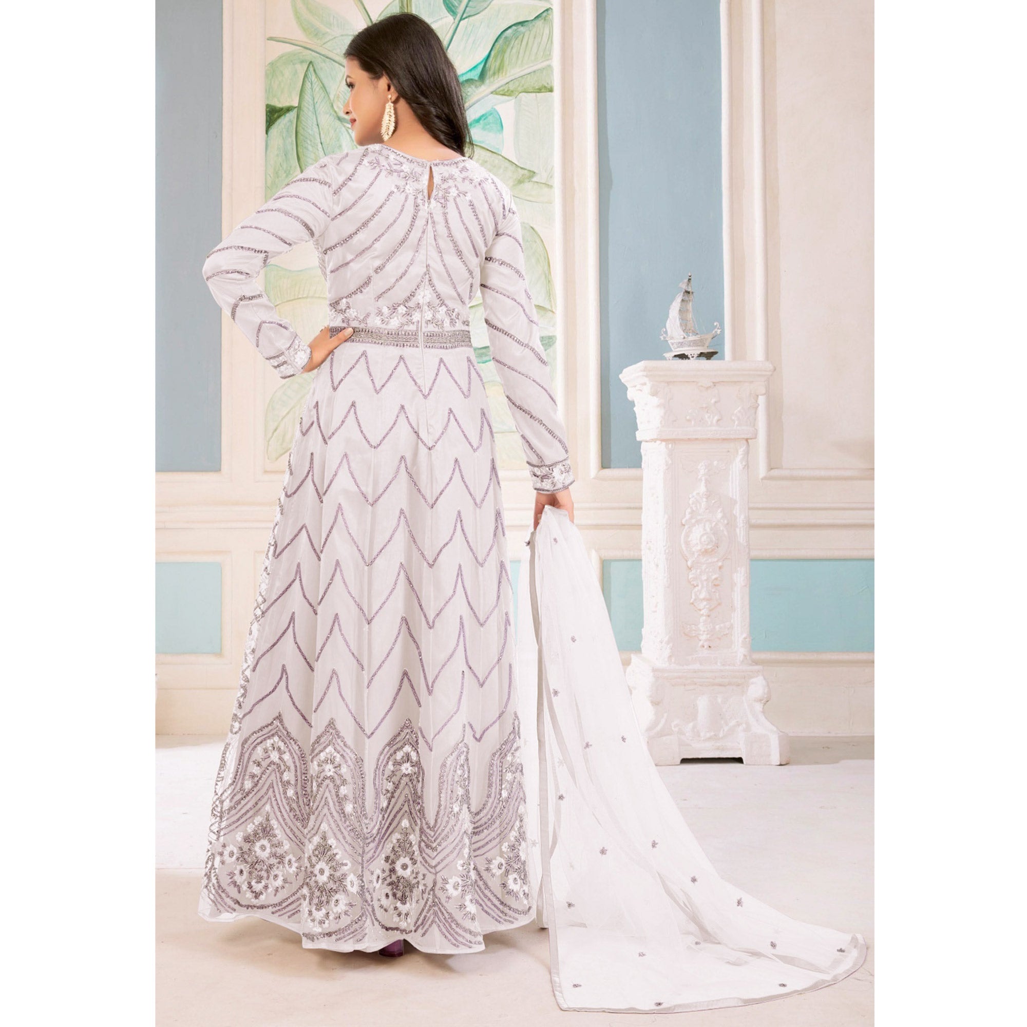 White Floral embroidered Net Semi Stitched Anarkali Style Gown