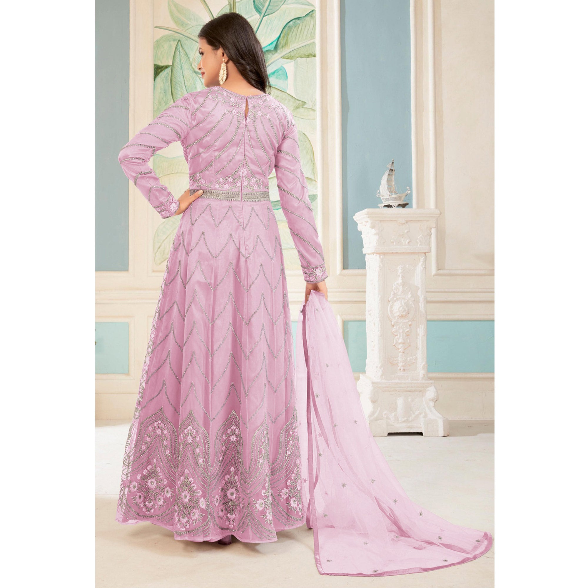 Pink Floral embroidetred Net Semi Stitched Anarkali Style Gown