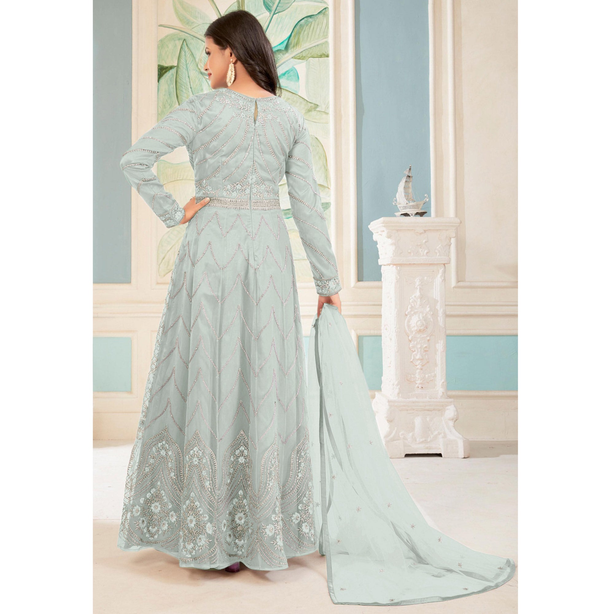 Turquoise Floral embroidered Net Semi Stitched Anarkali Style Gown