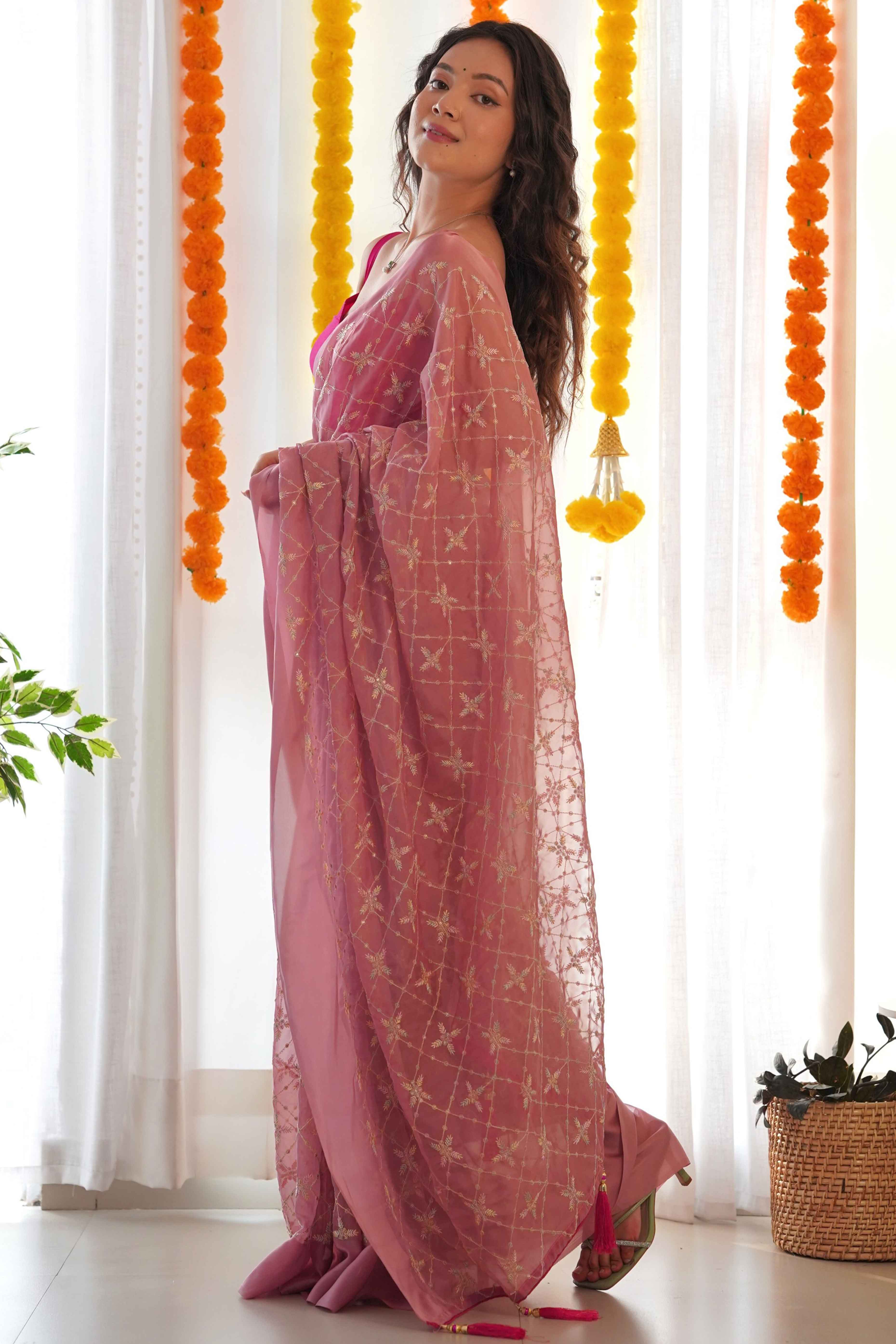 Designer Mauve Georgette Saree with Elaborate Heavy Thread Work