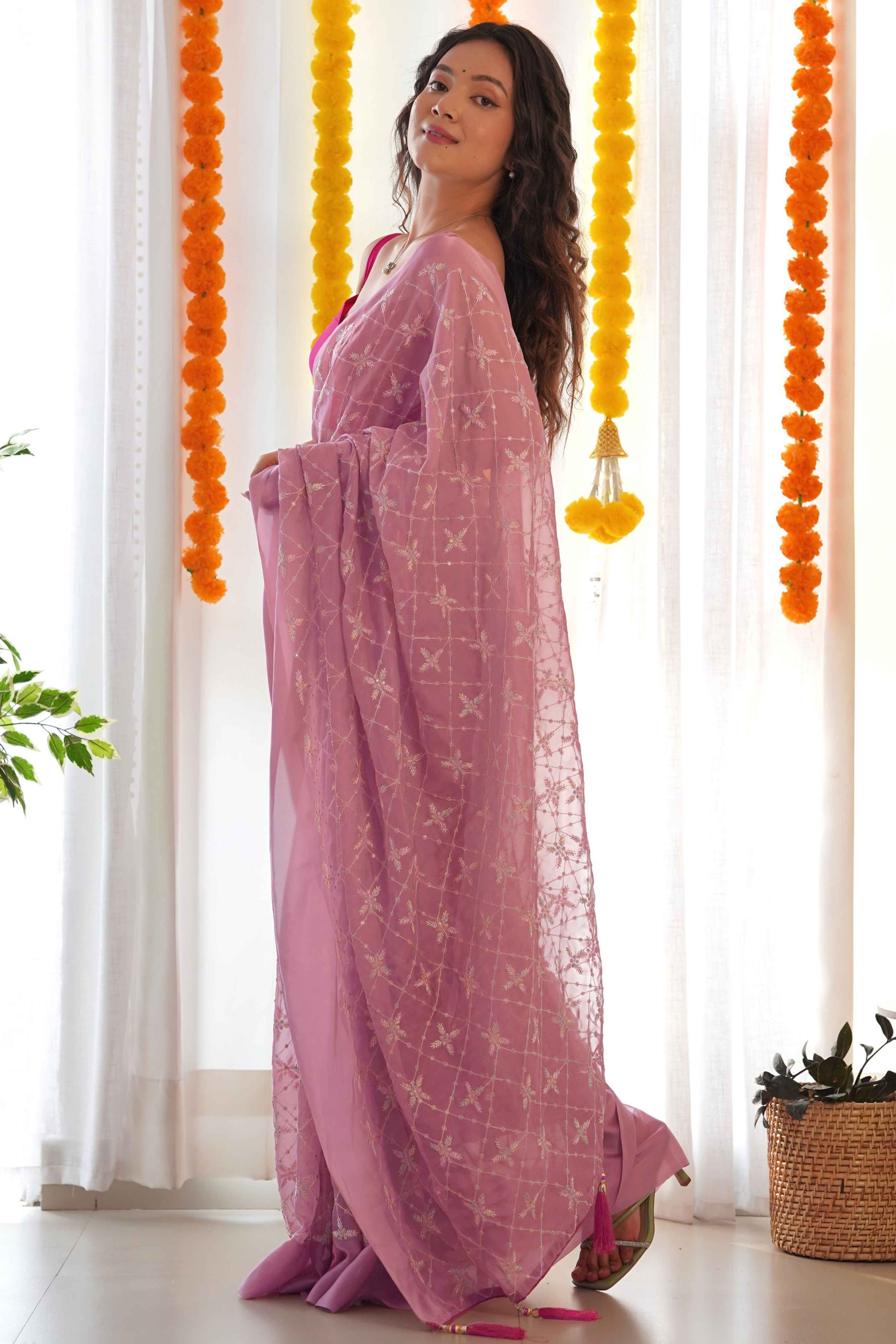 Designer Onion Pink Georgette Saree with Elaborate Heavy Thread Work