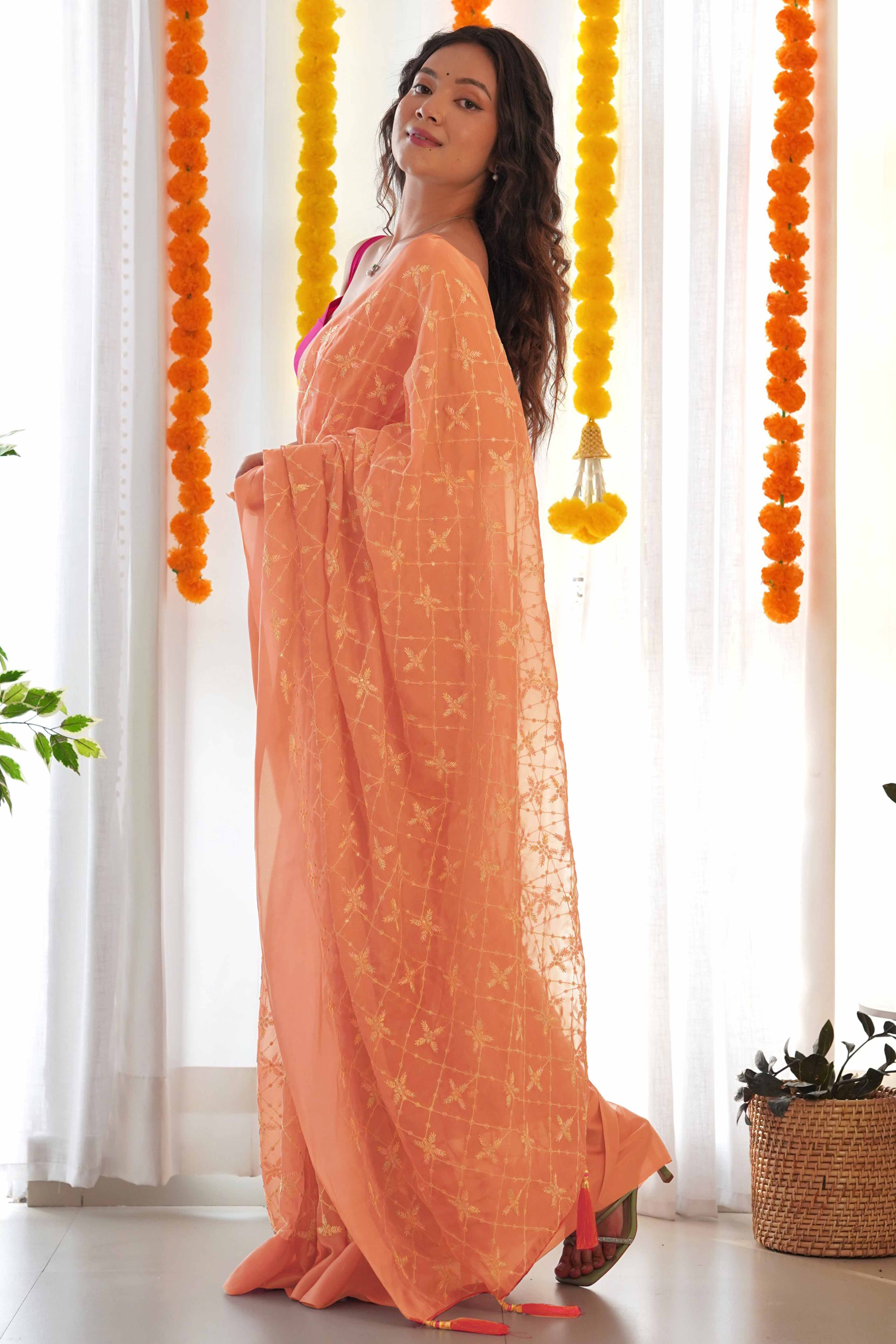 Designer Orange Georgette Saree with Elaborate Heavy Thread Work