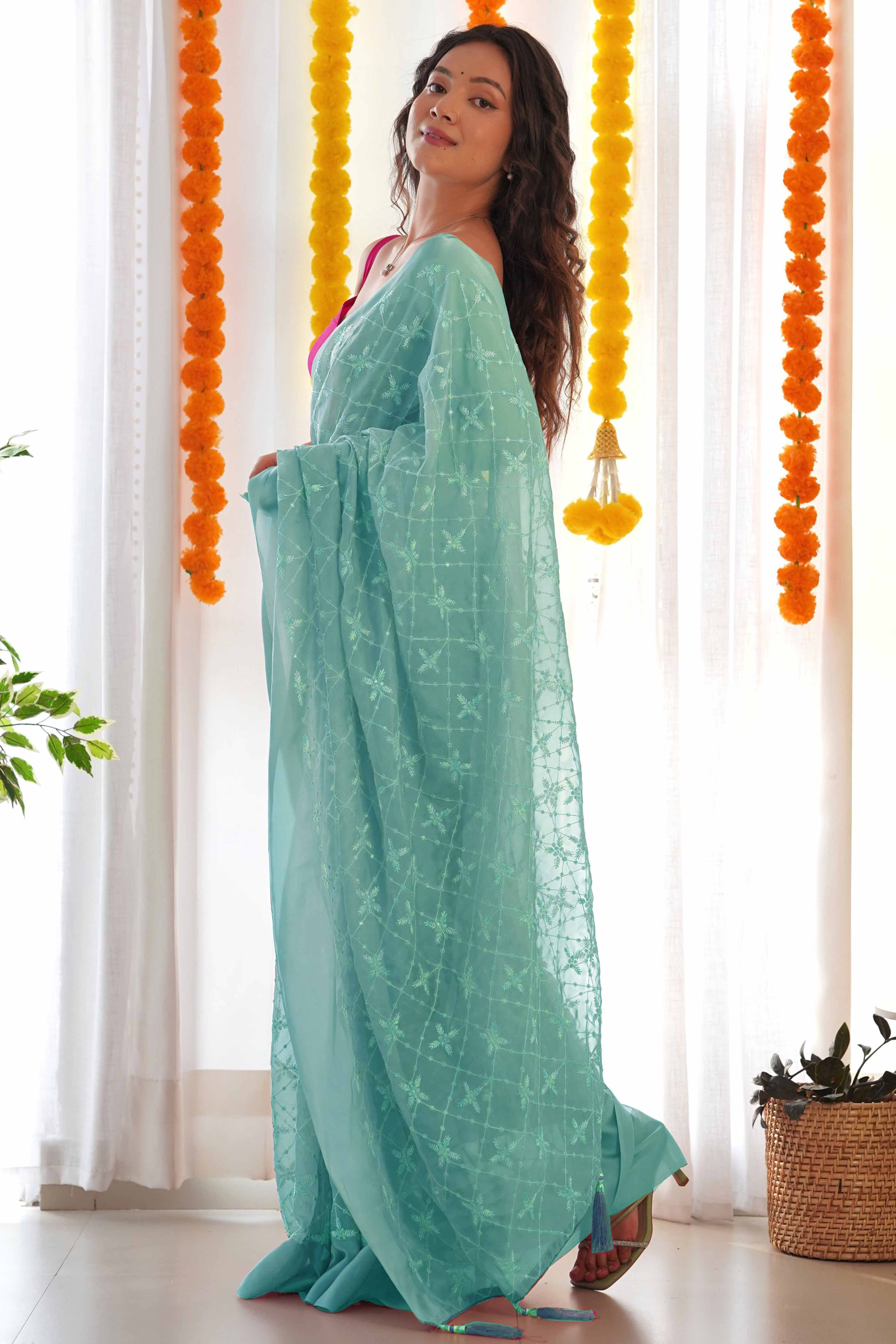 Designer Sea Green Georgette Saree with Elaborate Heavy Thread Work