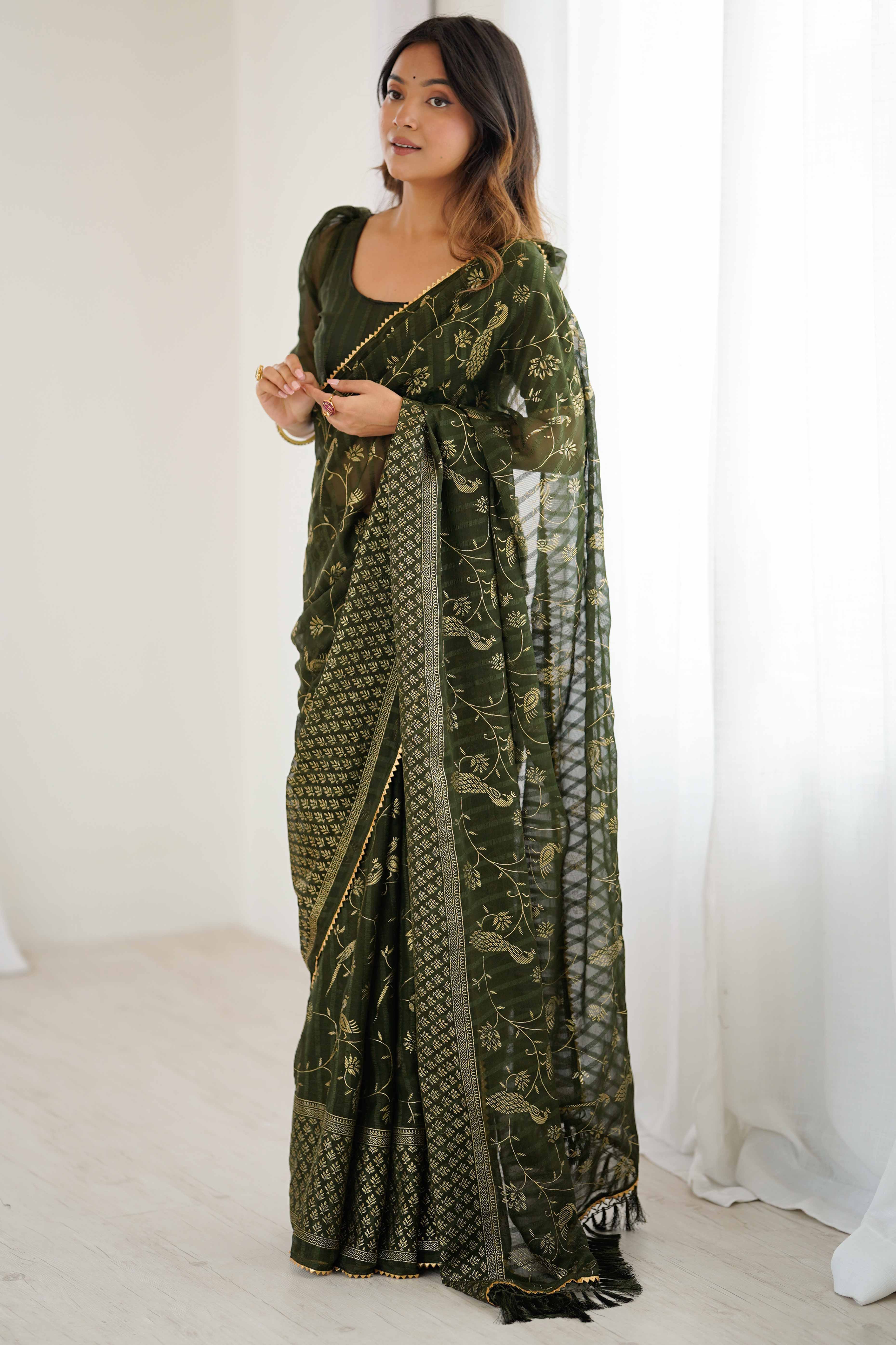 Mehendi Green Georgette Saree with Shimmering Foil Print & Gota Patti Border