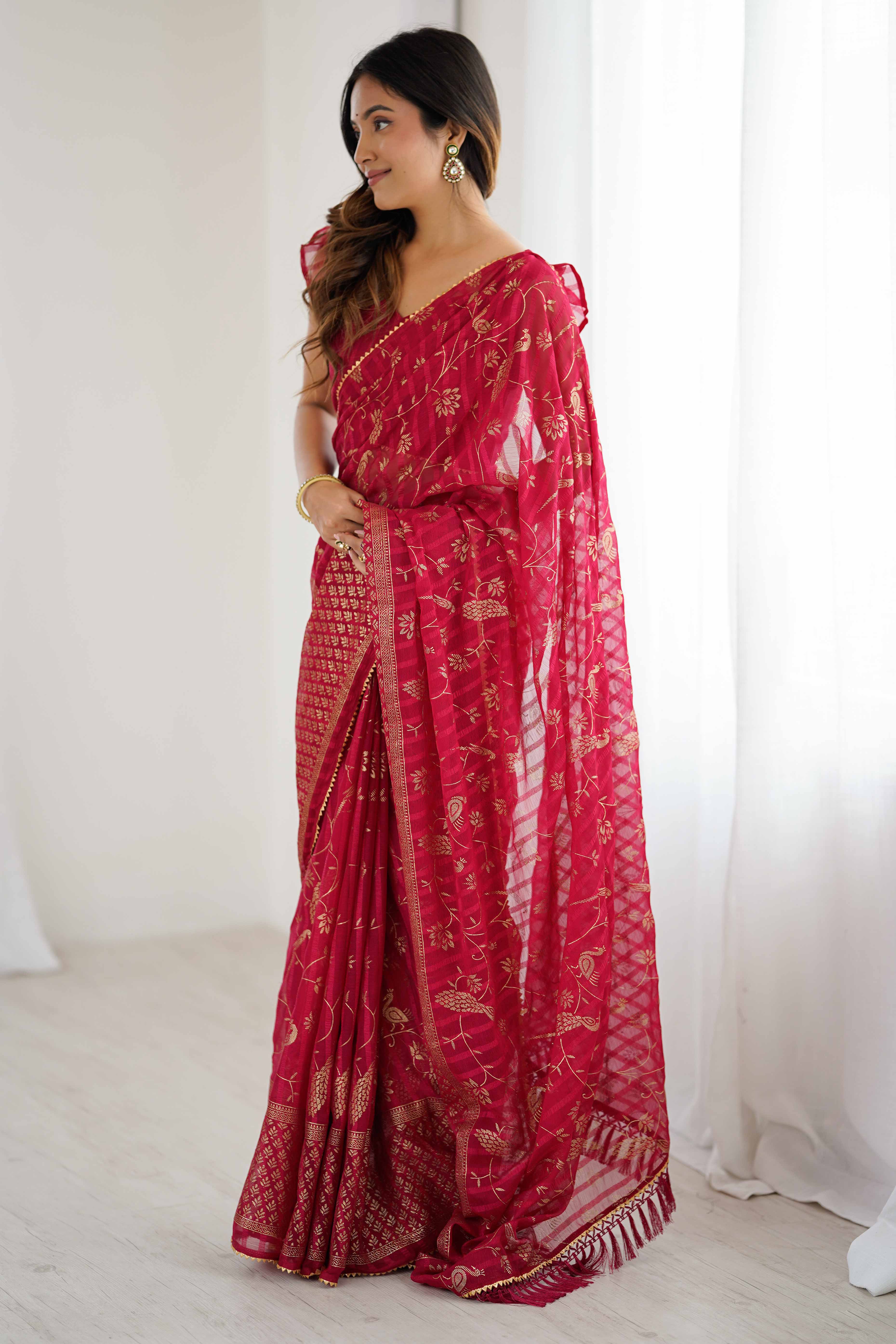 Pink Georgette Saree with Shimmering Foil Print & Gota Patti Border