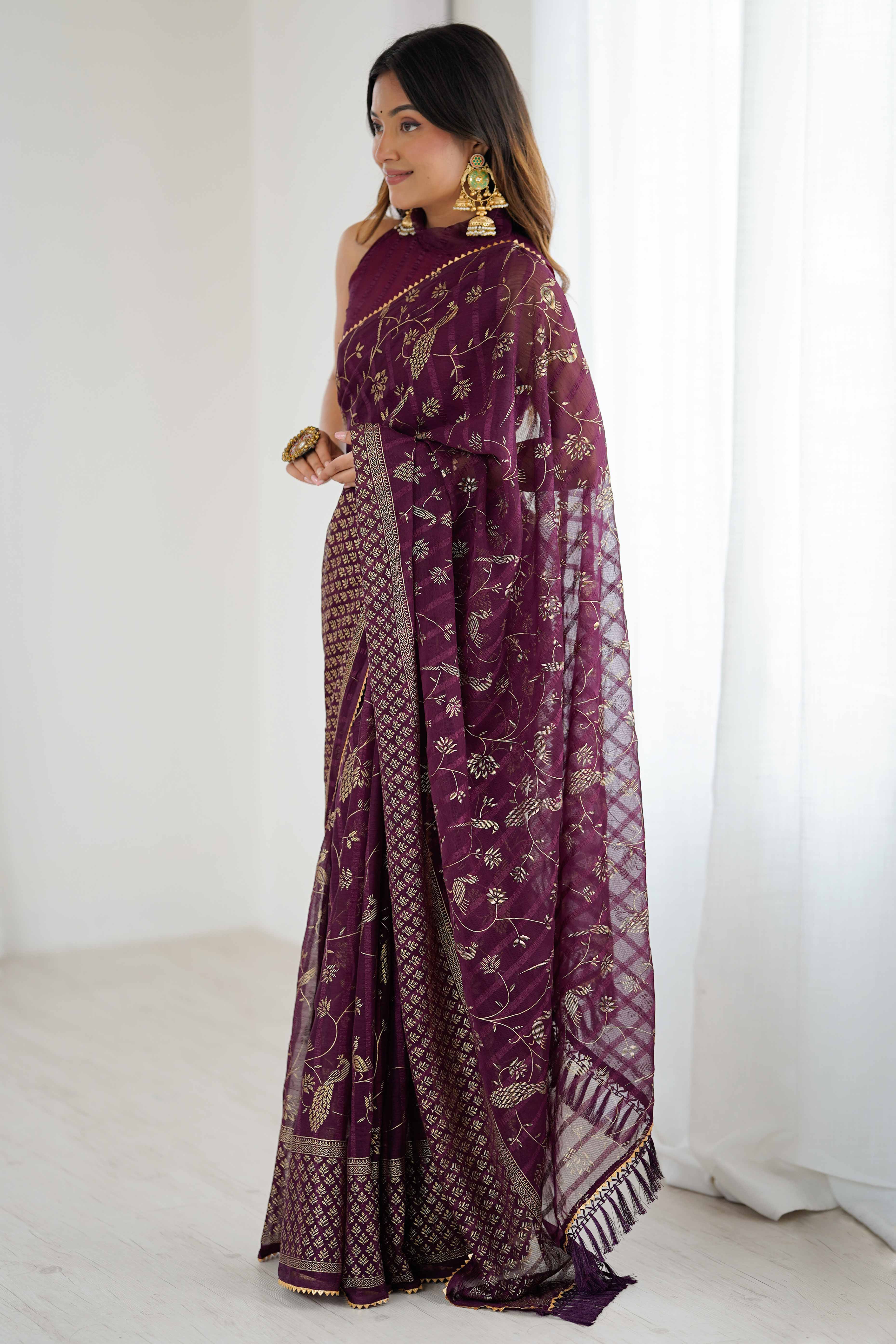 Wine Georgette Saree with Shimmering Foil Print & Gota Patti Border