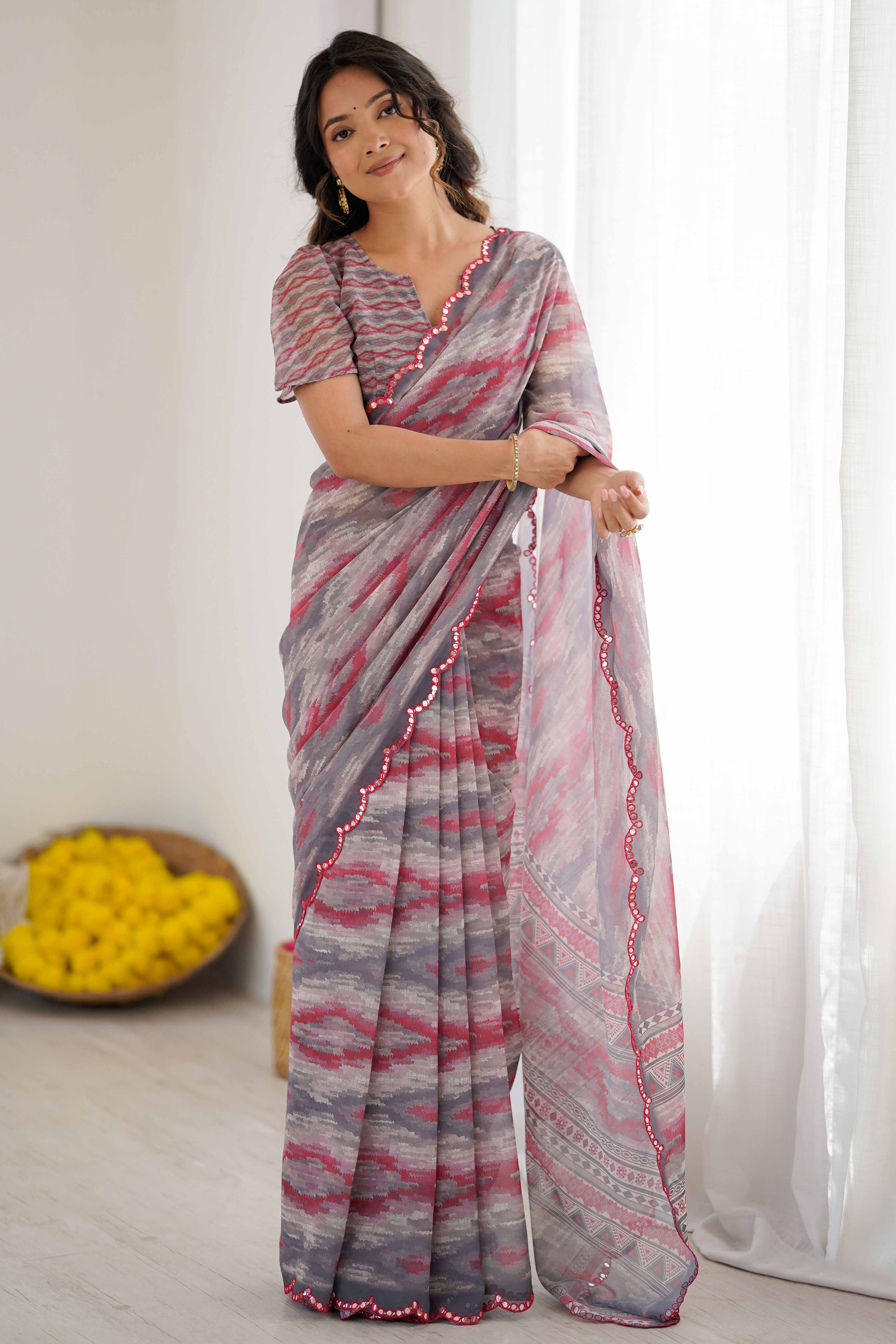 Grey Georgette Saree Featuring Digital Print & Mirror Embroidery Border