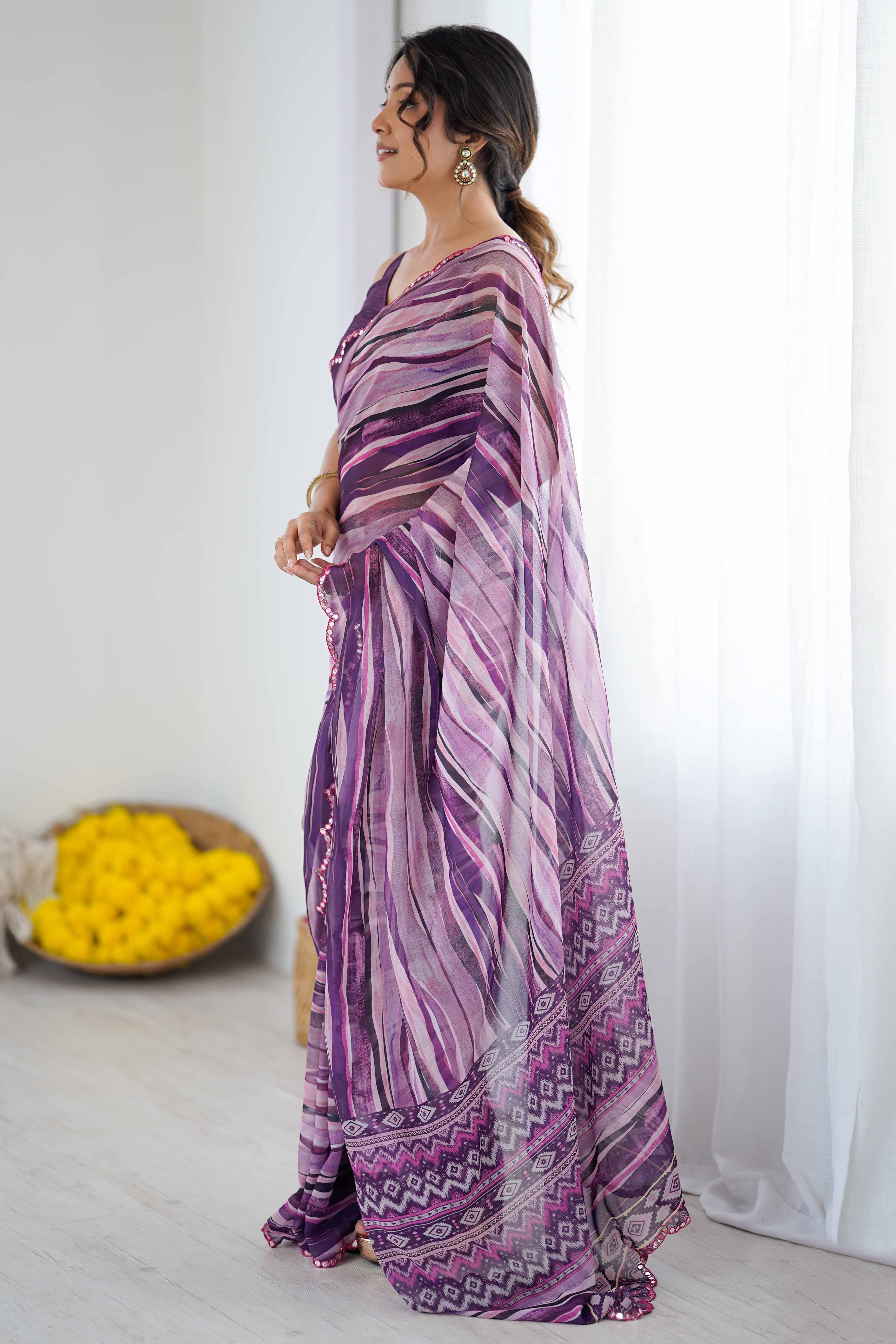 Purple Georgette Saree Featuring Digital Print & Mirror Embroidery Border