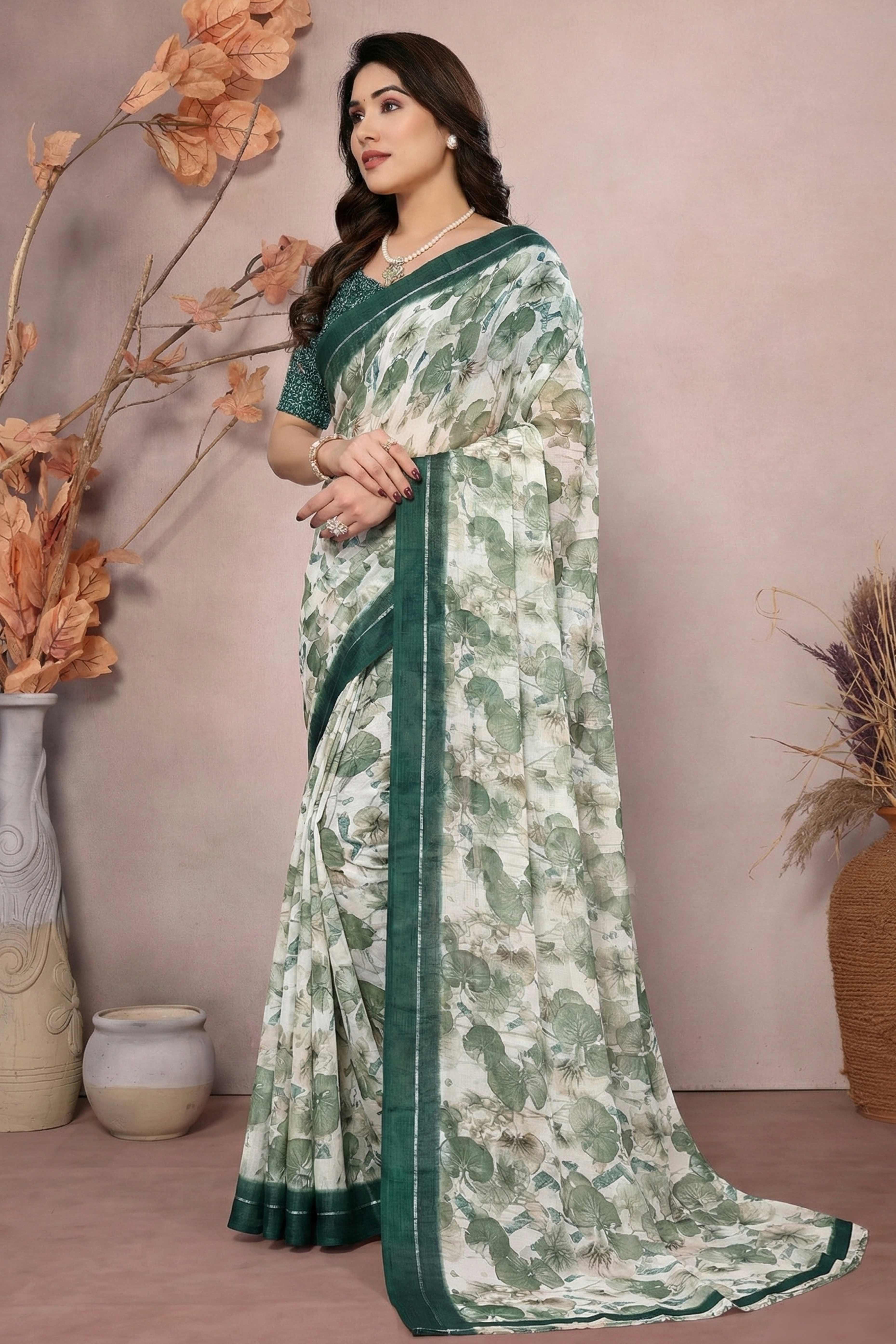 Timeless Green Leaf Printed Moss Saree With A Sophisticated Satin Patta Border