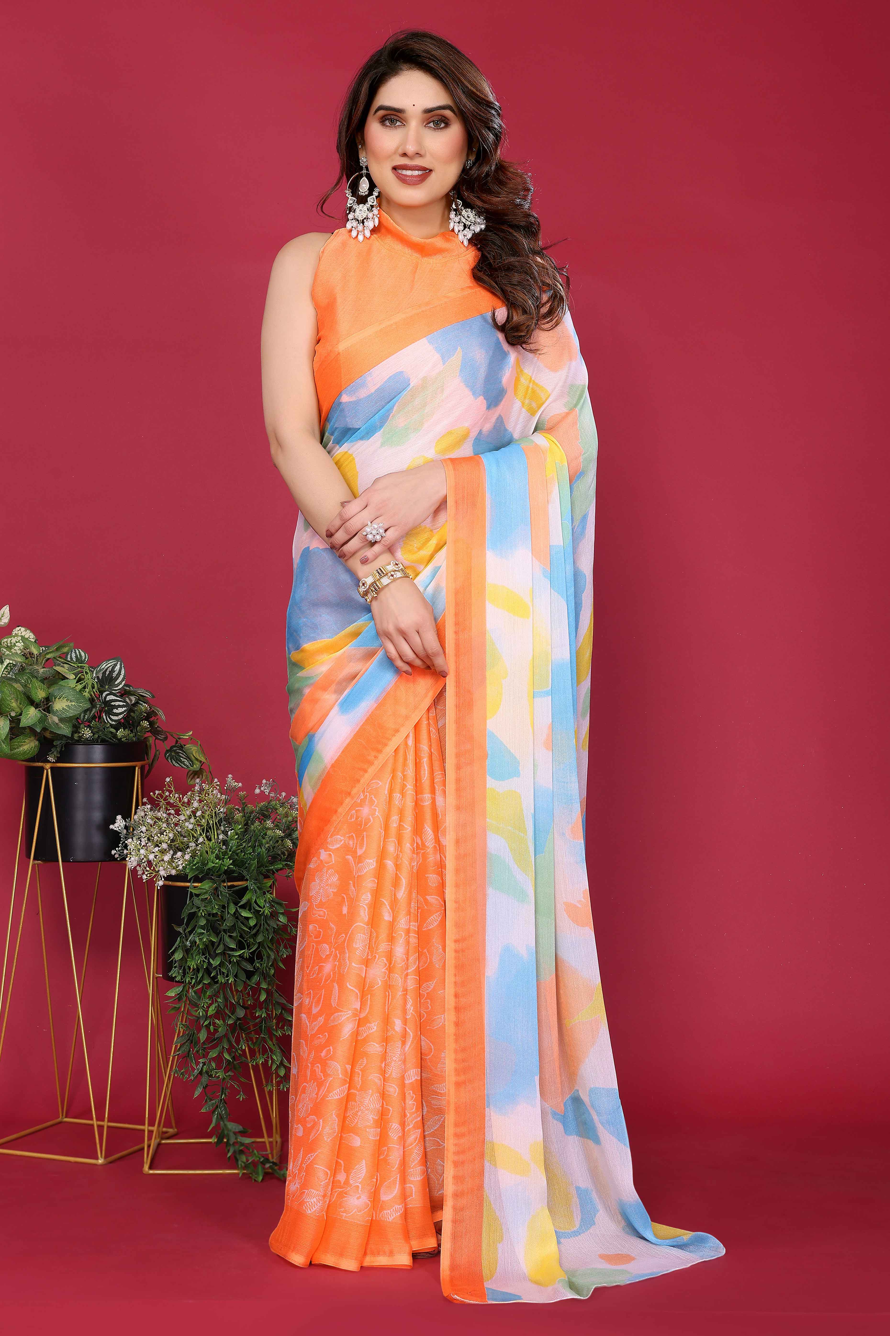 Elegant Orange Abstract Print Saree in Lightweight Chiffon