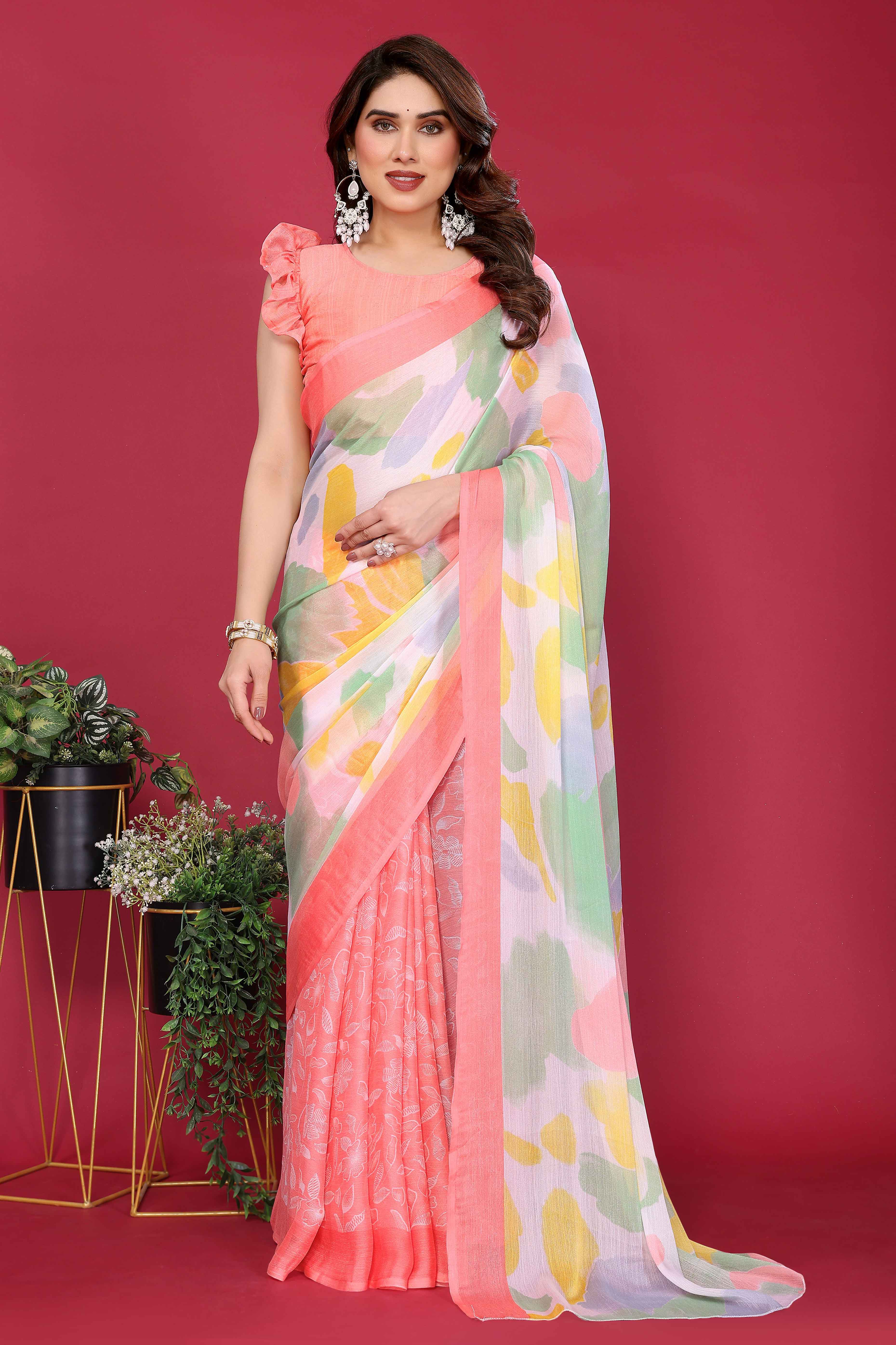 Elegant Peach Abstract Print Saree in Lightweight Chiffon
