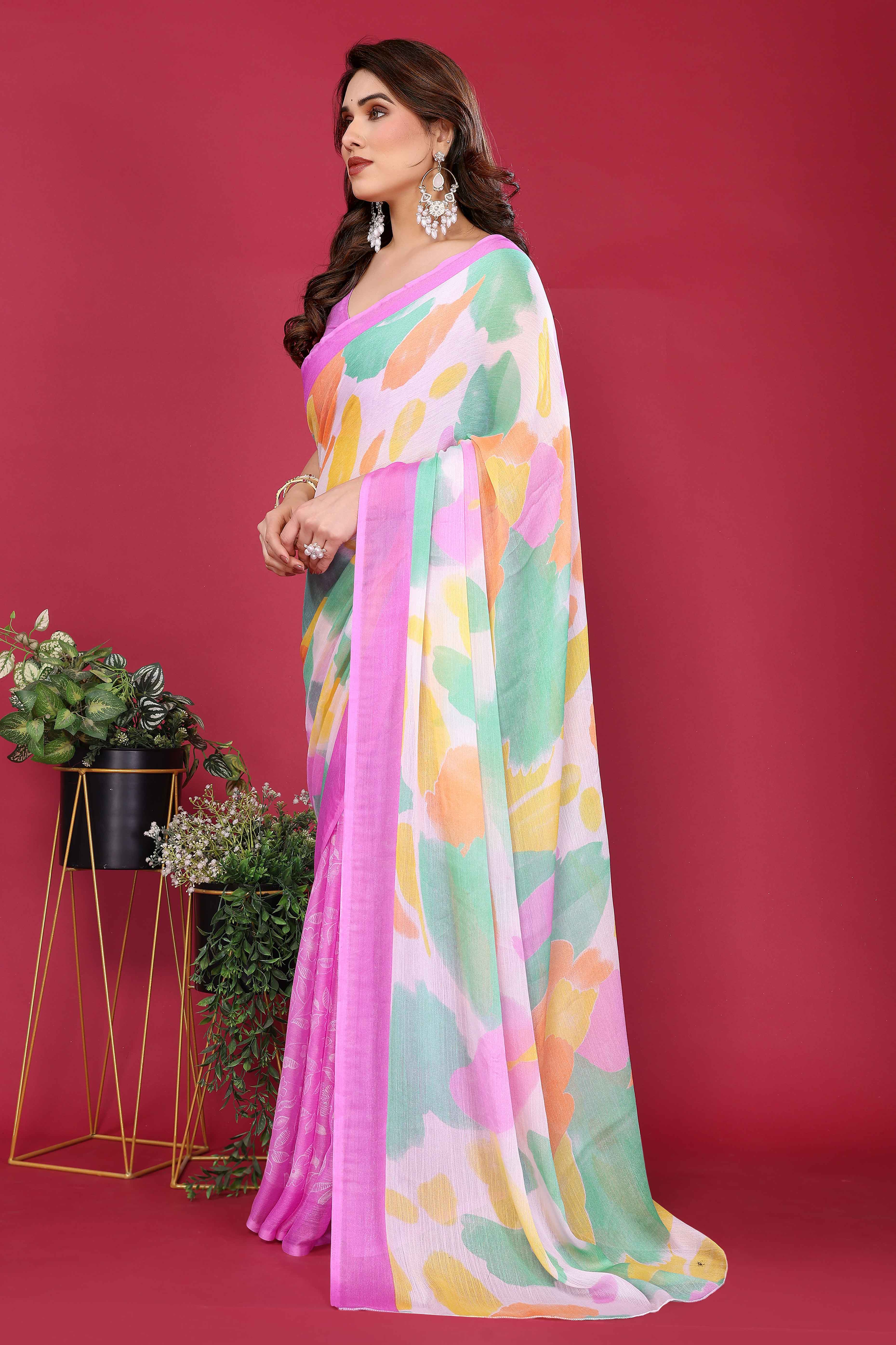 Elegant Purple Abstract Print Saree in Lightweight Chiffon