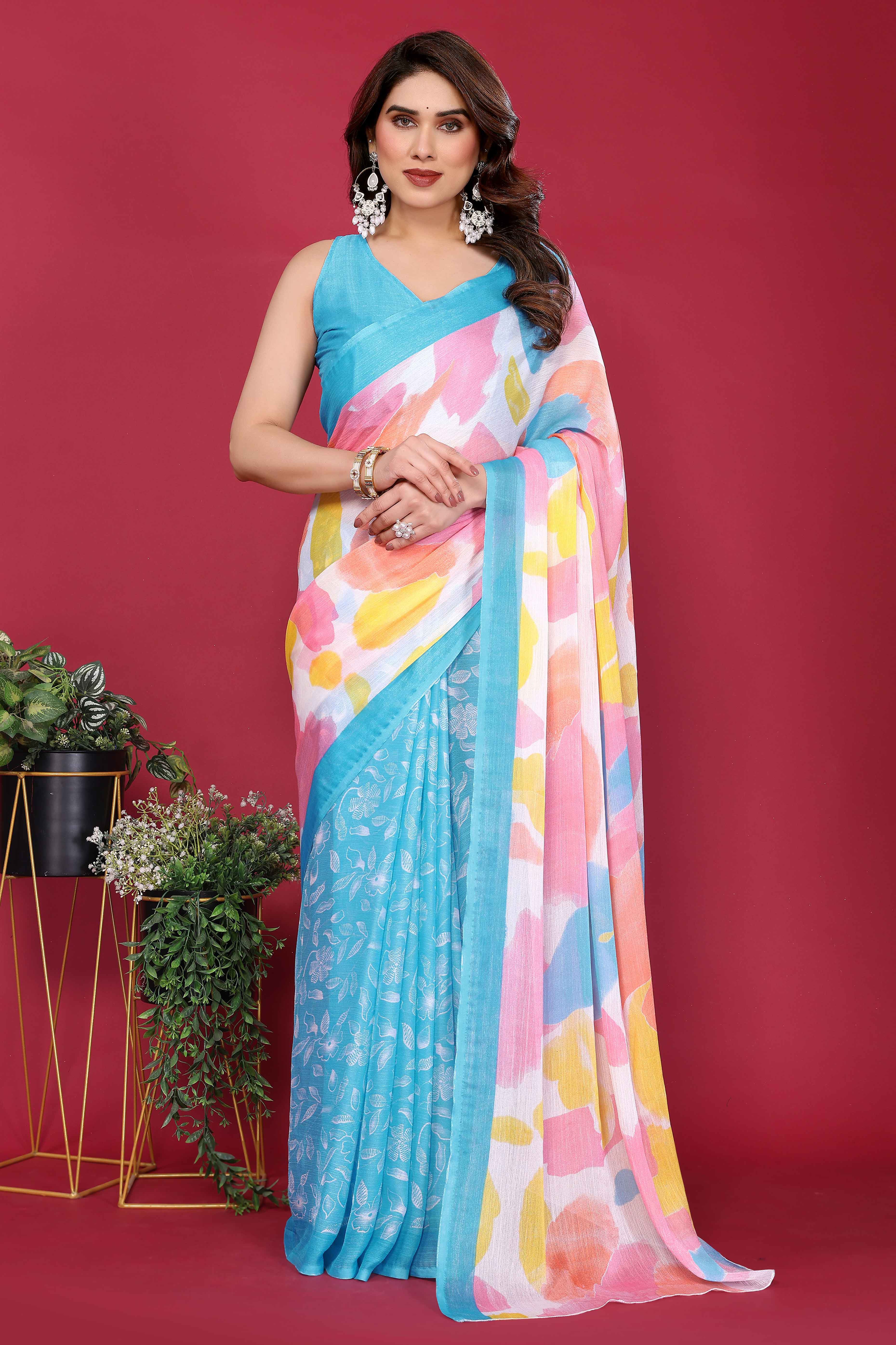 Elegant Sky Blue Abstract Print Saree in Lightweight Chiffon