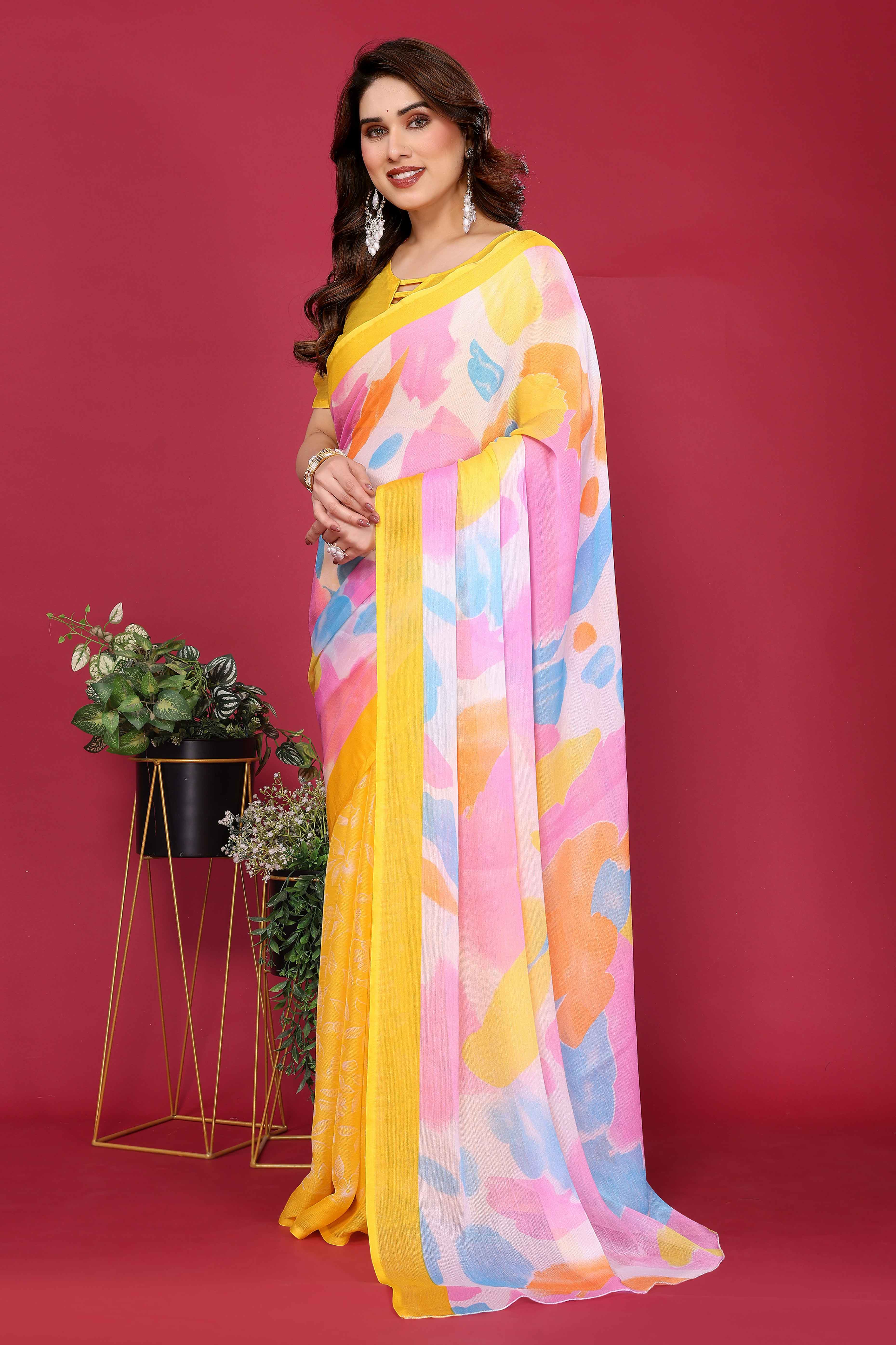 Elegant Yellow Abstract Print Saree in Lightweight Chiffon