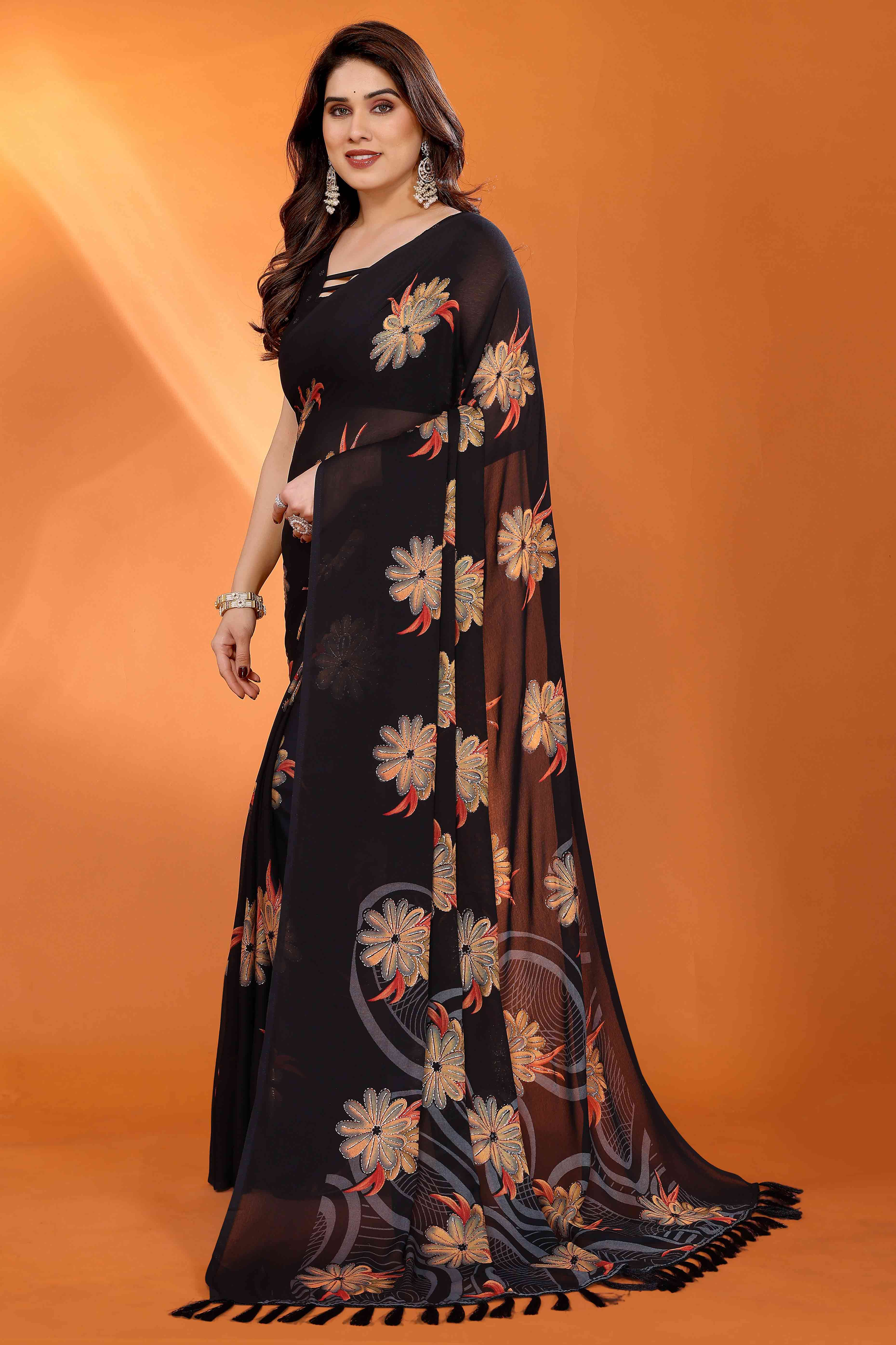 Black Printed Saree with Zari Woven Charm in Satin Fabric
