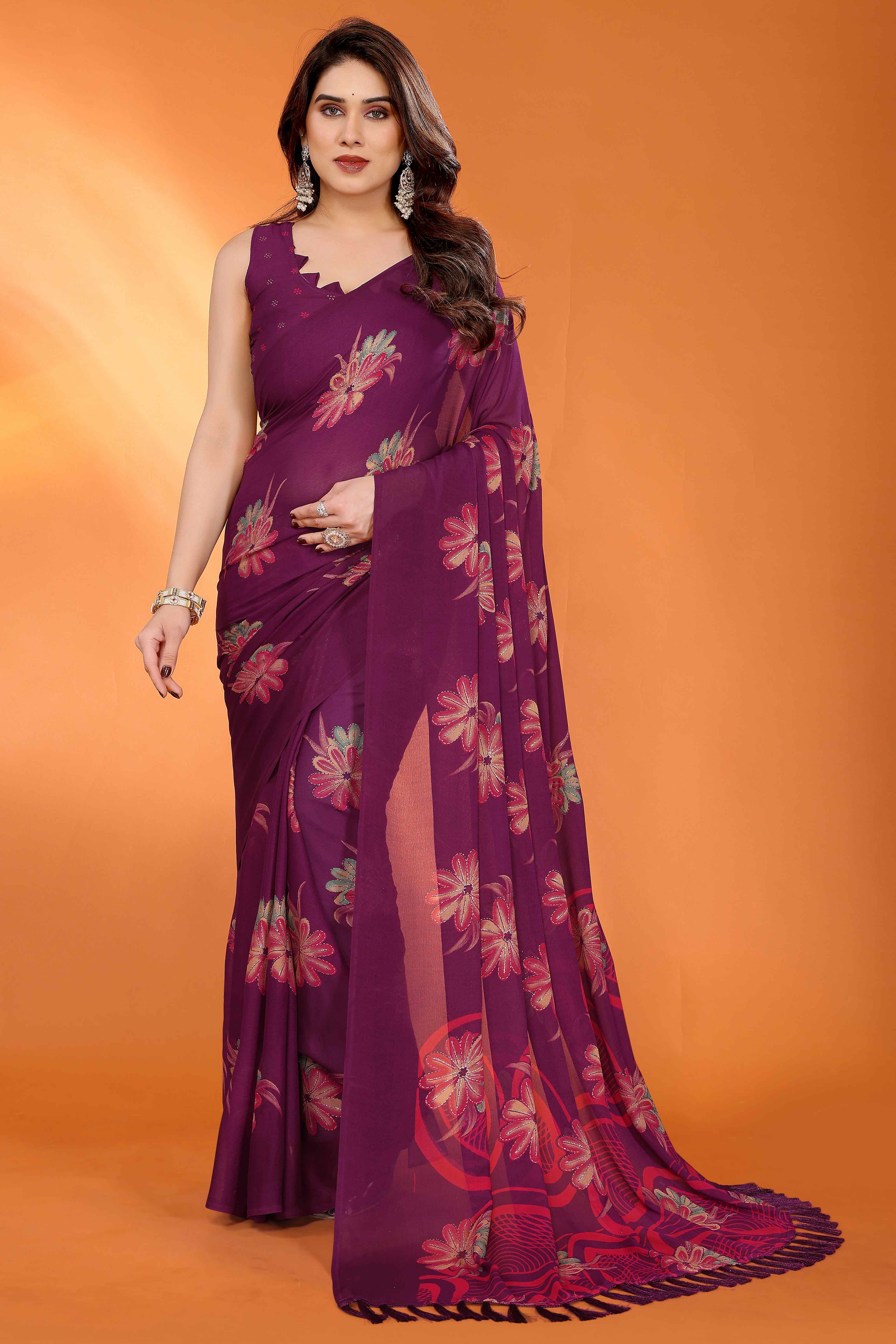 Dark Purple Printed Saree with Zari Woven Charm in Satin Fabric