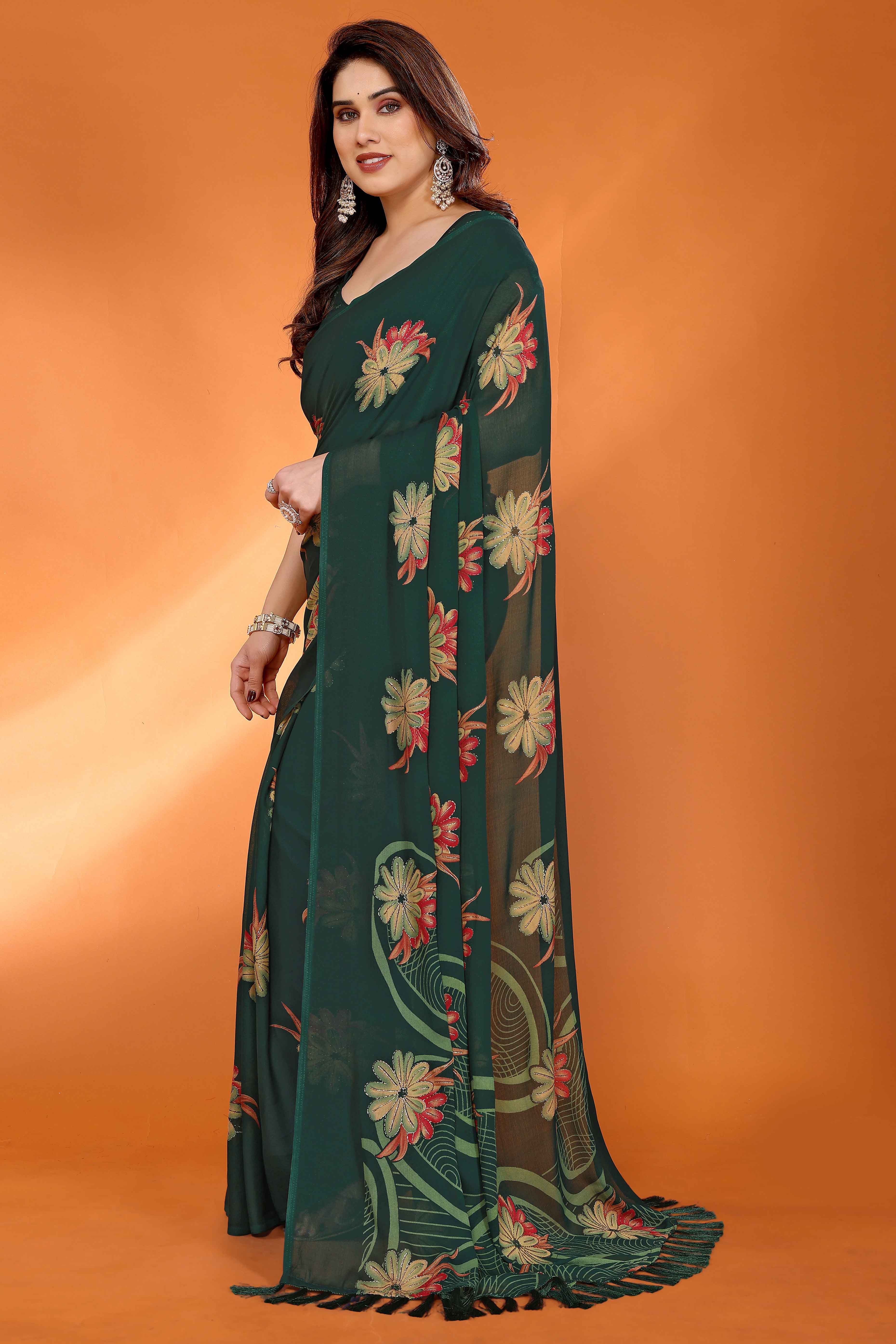 Green Printed Saree with Zari Woven Charm in Satin Fabric