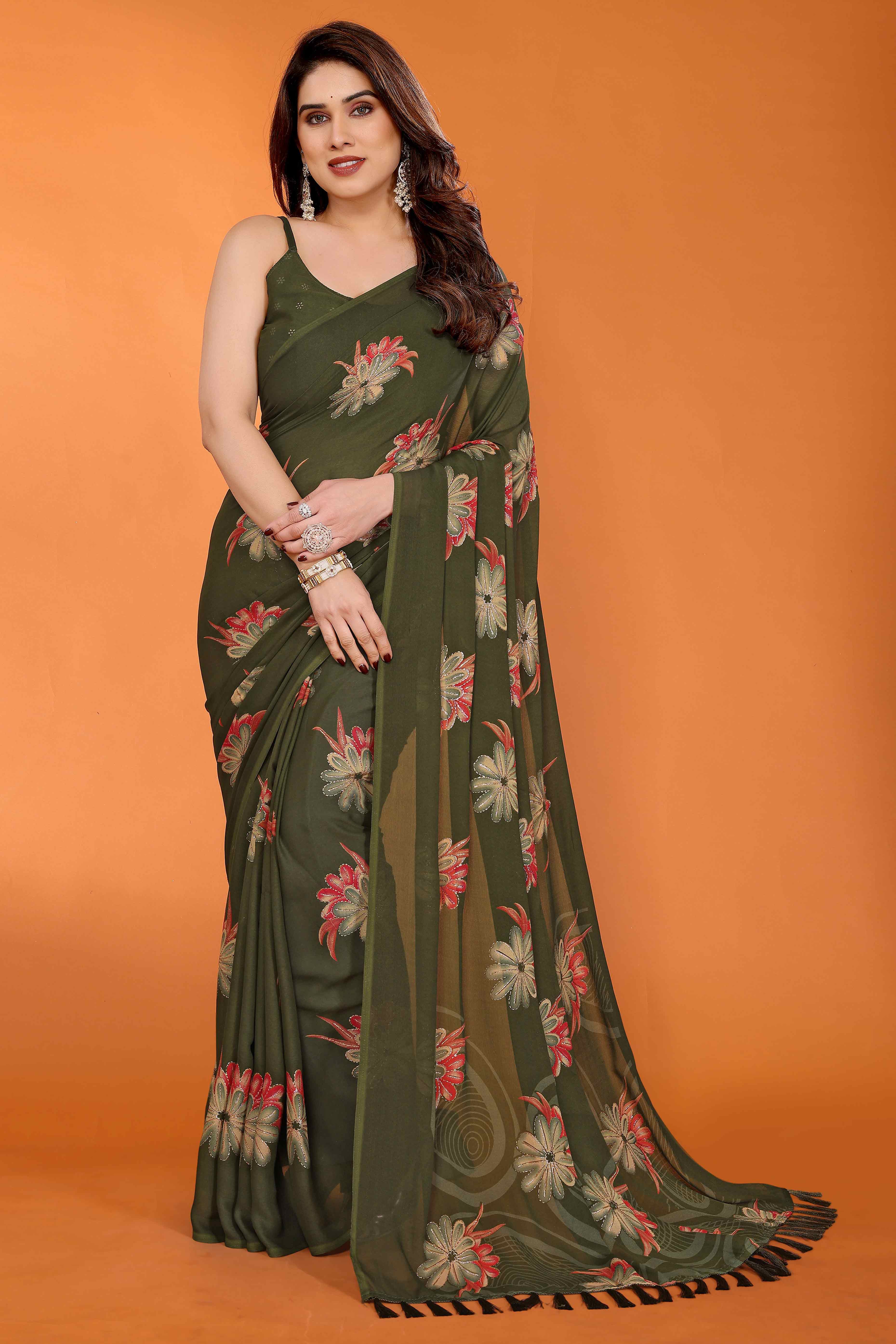 Mehendi Green Printed Saree with Zari Woven Charm in Satin Fabric