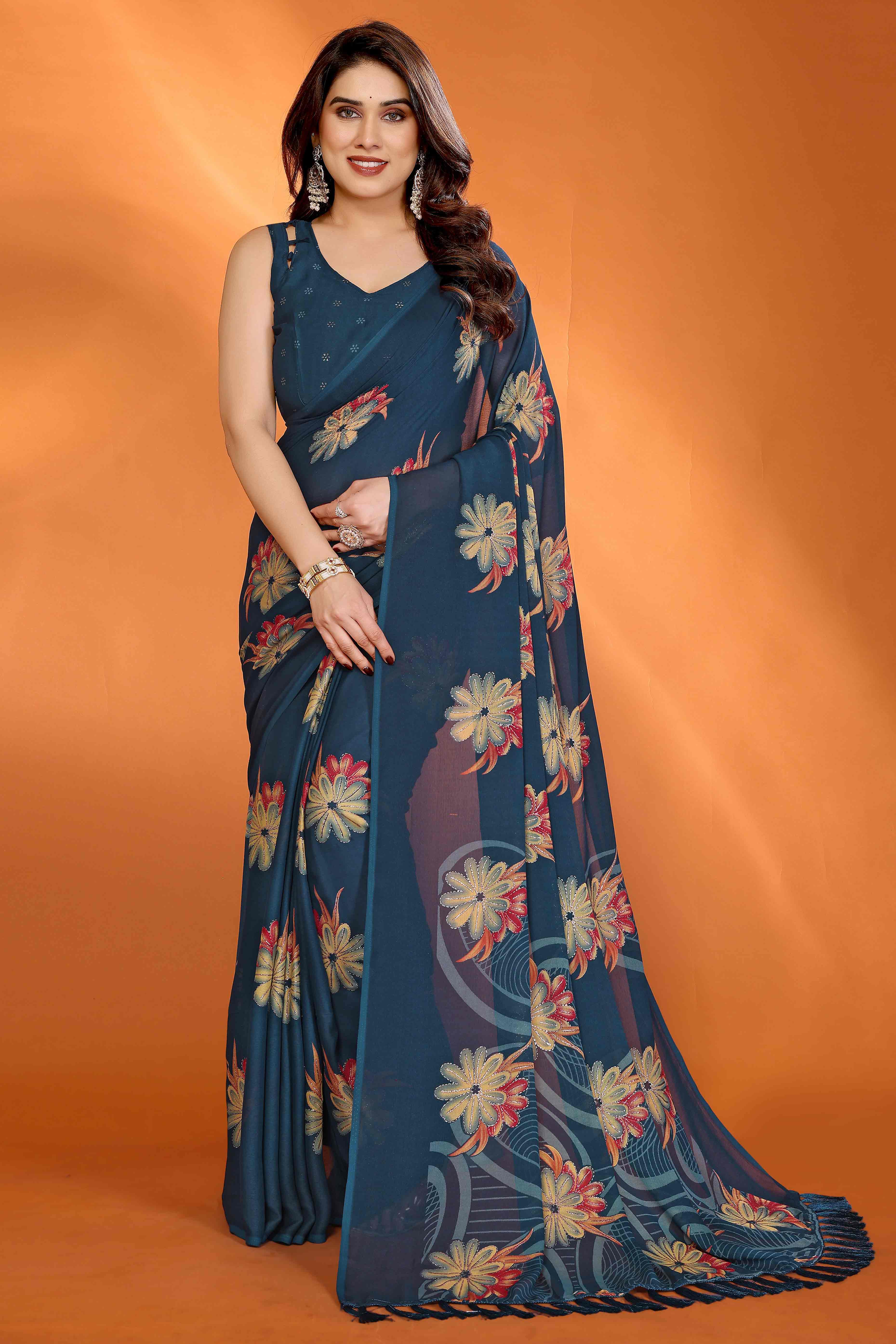 Teal Printed Saree with Zari Woven Charm in Satin Fabric