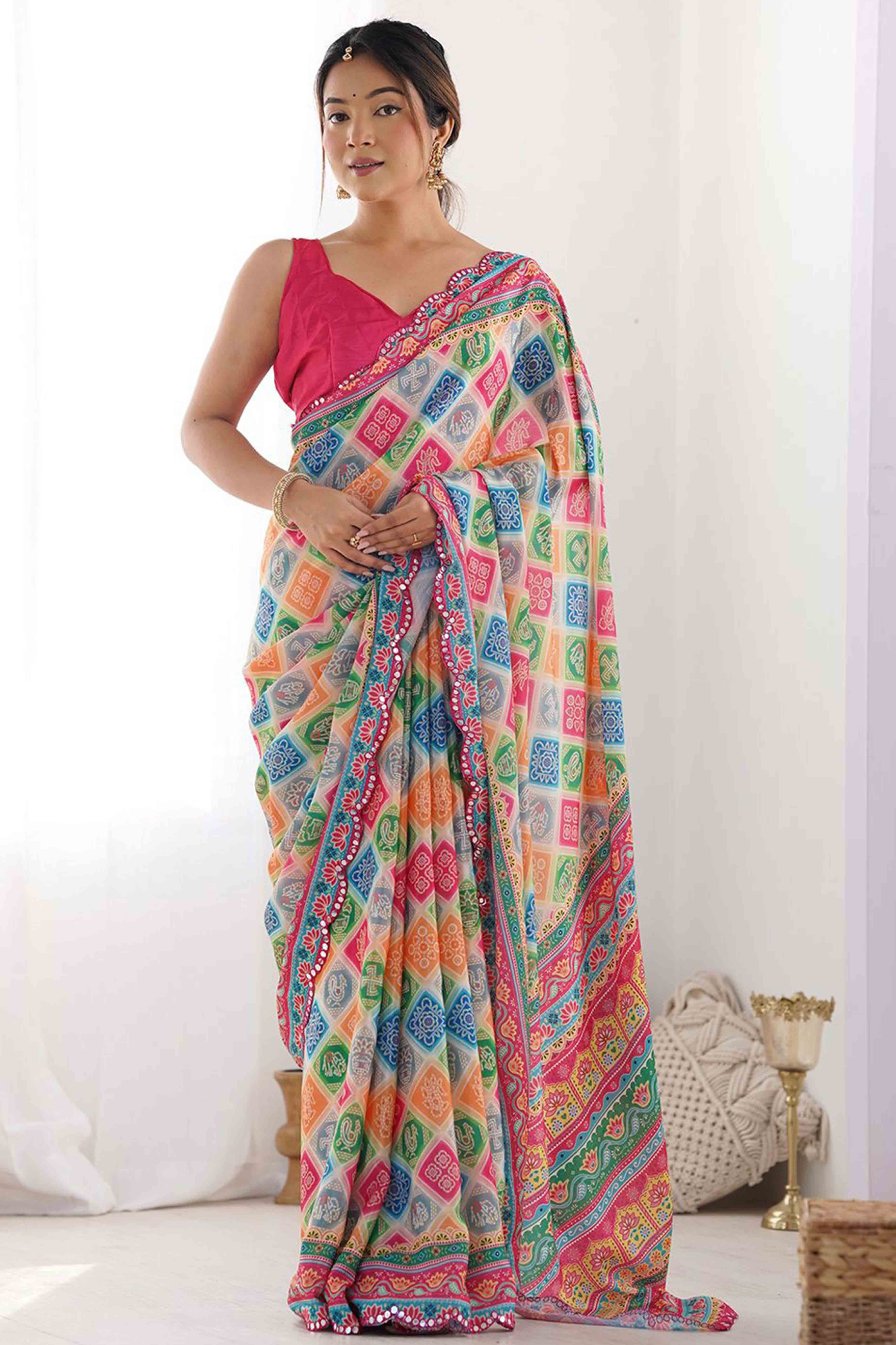 Multicolor Digital Print Georgette Saree Enhanced With A Sparkling Lace Border