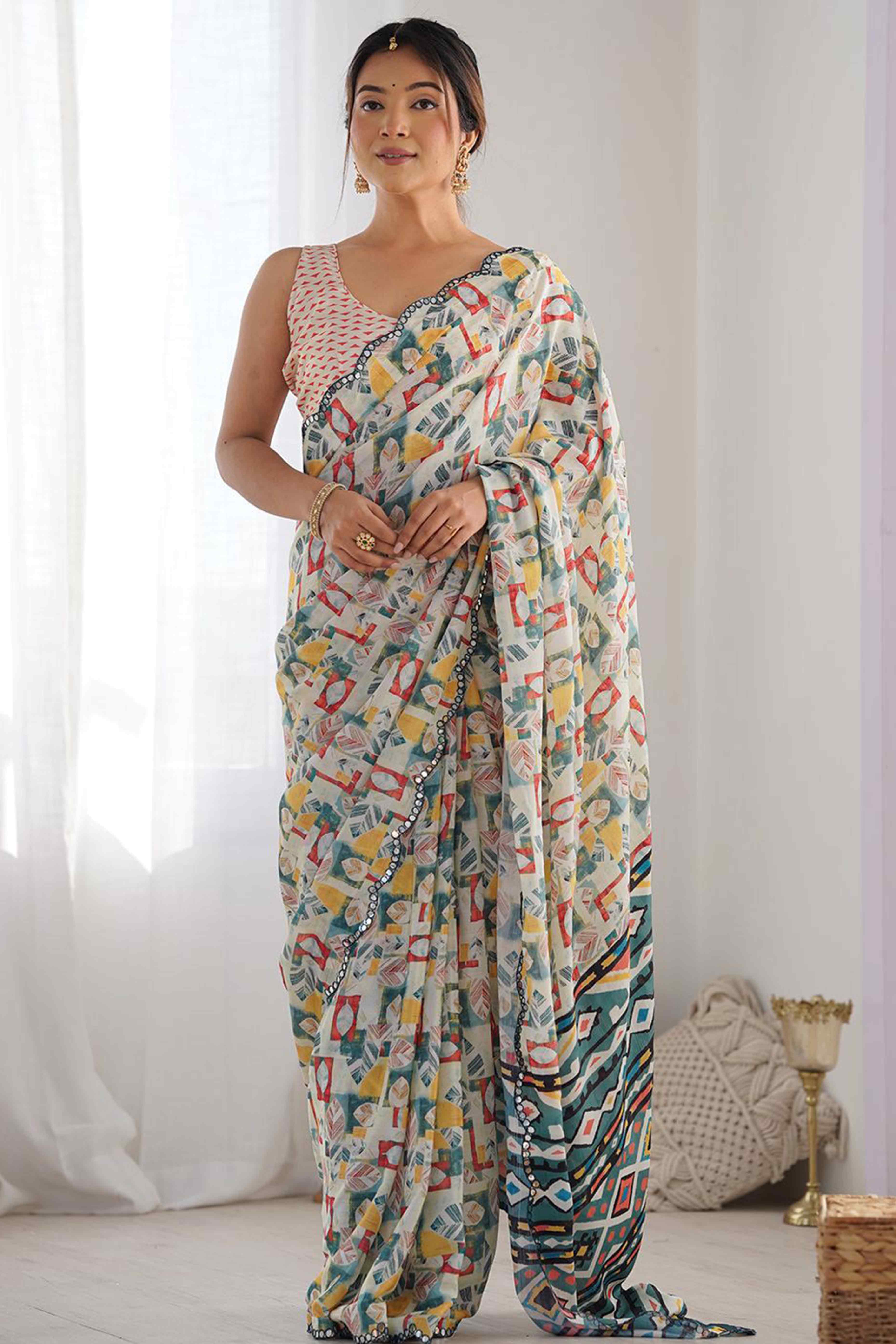 Offwhite Digital Print Georgette Saree Enhanced With A Sparkling Lace Border