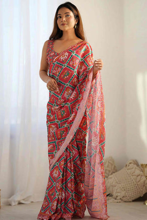 Red Digital Print Georgette Saree Enhanced With A Sparkling Lace Border