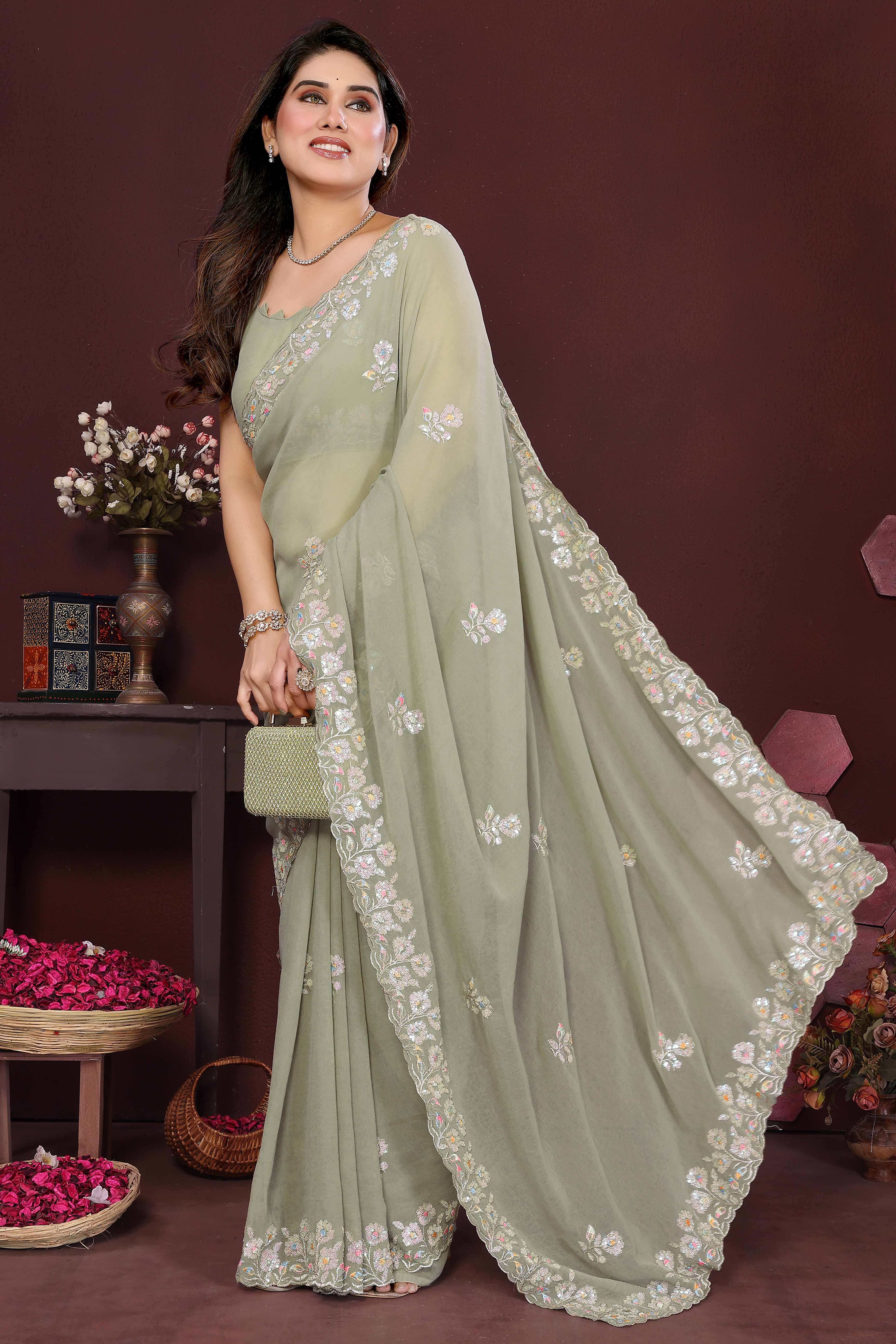 Pista Green Georgette Saree Featuring Intricate Floral Sequin Embroidery
