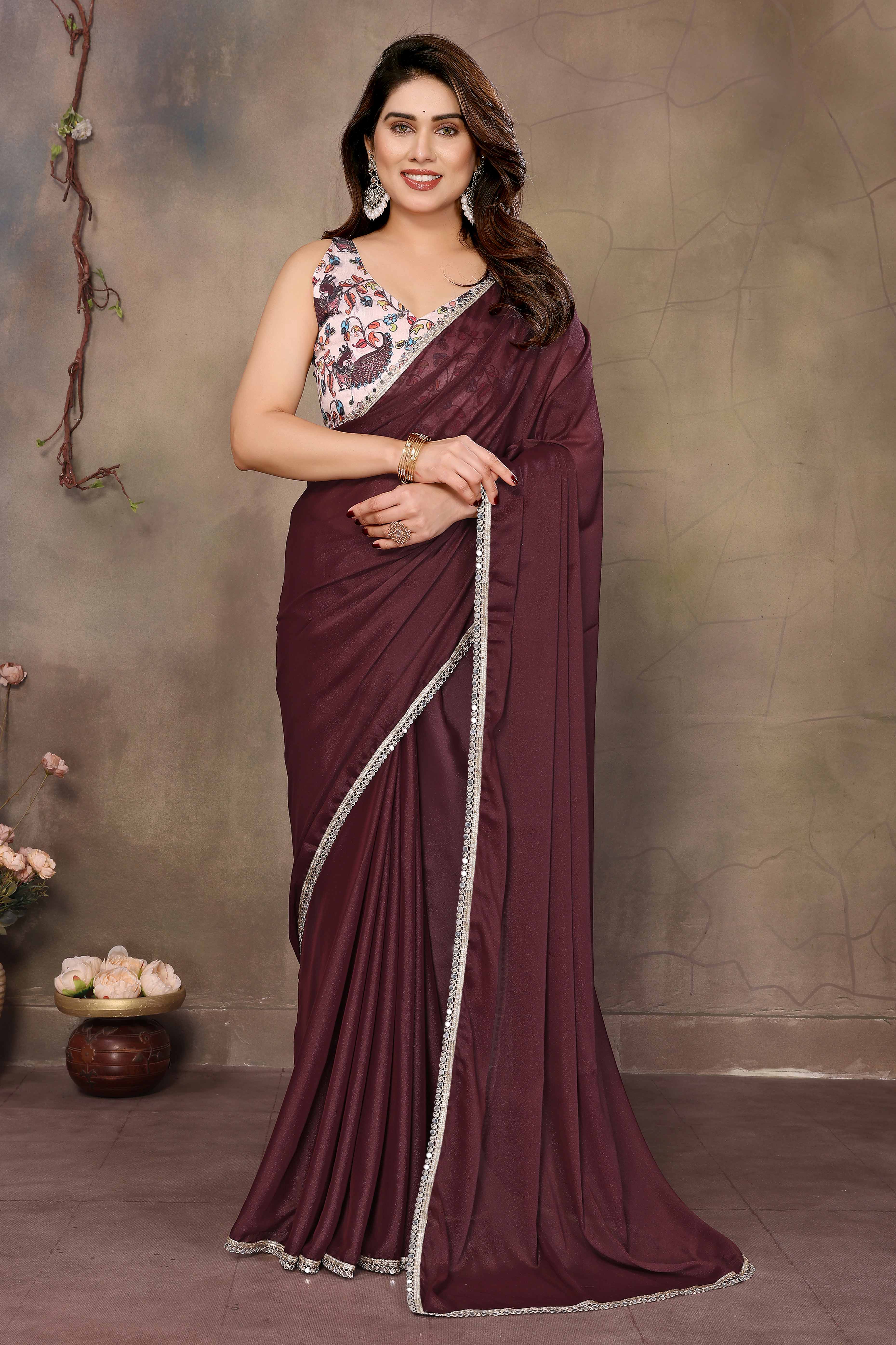 Burgundy Solid Sparkling Georgette Saree Enhanced With Shimmering Mirror Border