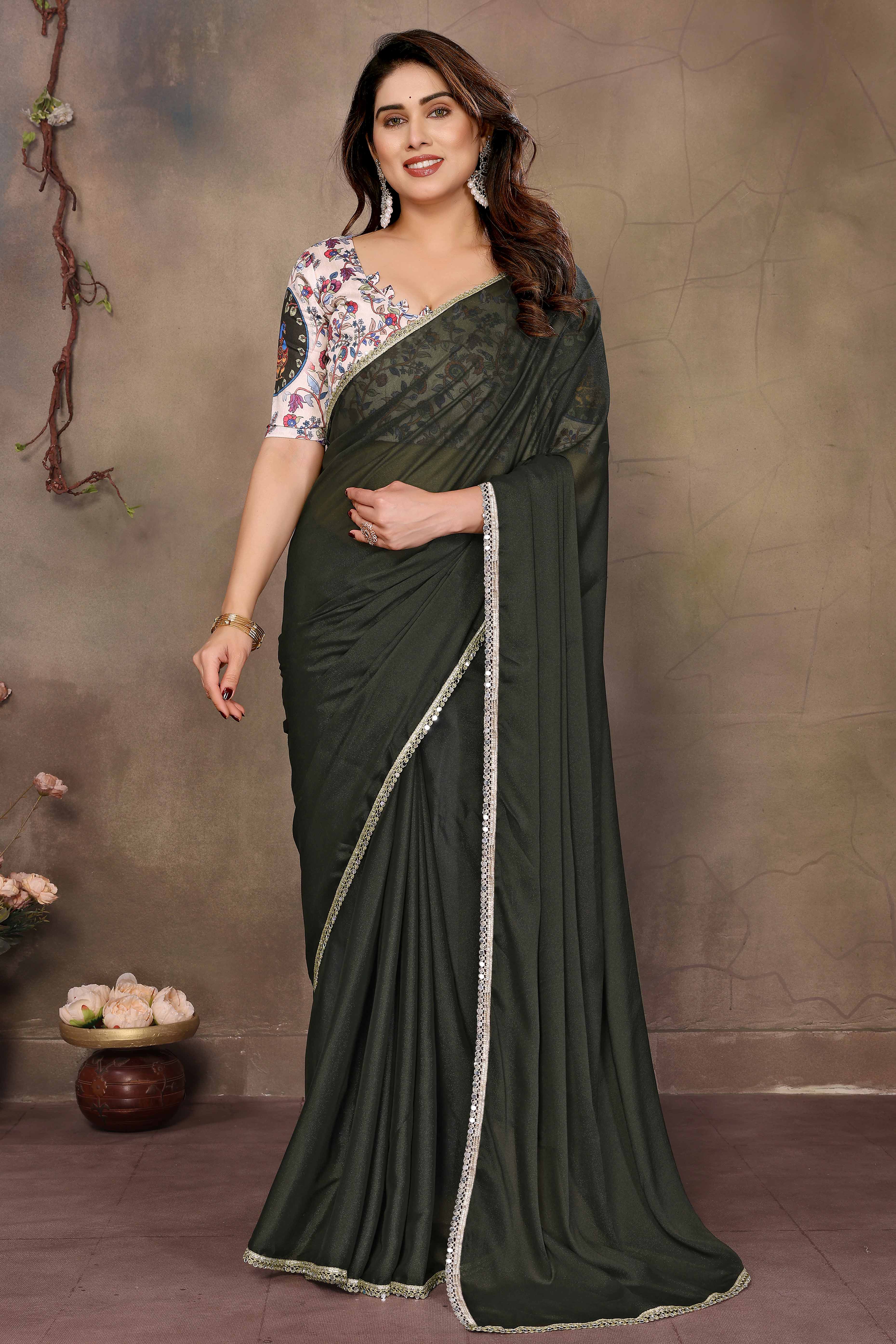 Mehendi Green Solid Sparkling Georgette Saree Enhanced With Shimmering Mirror Border