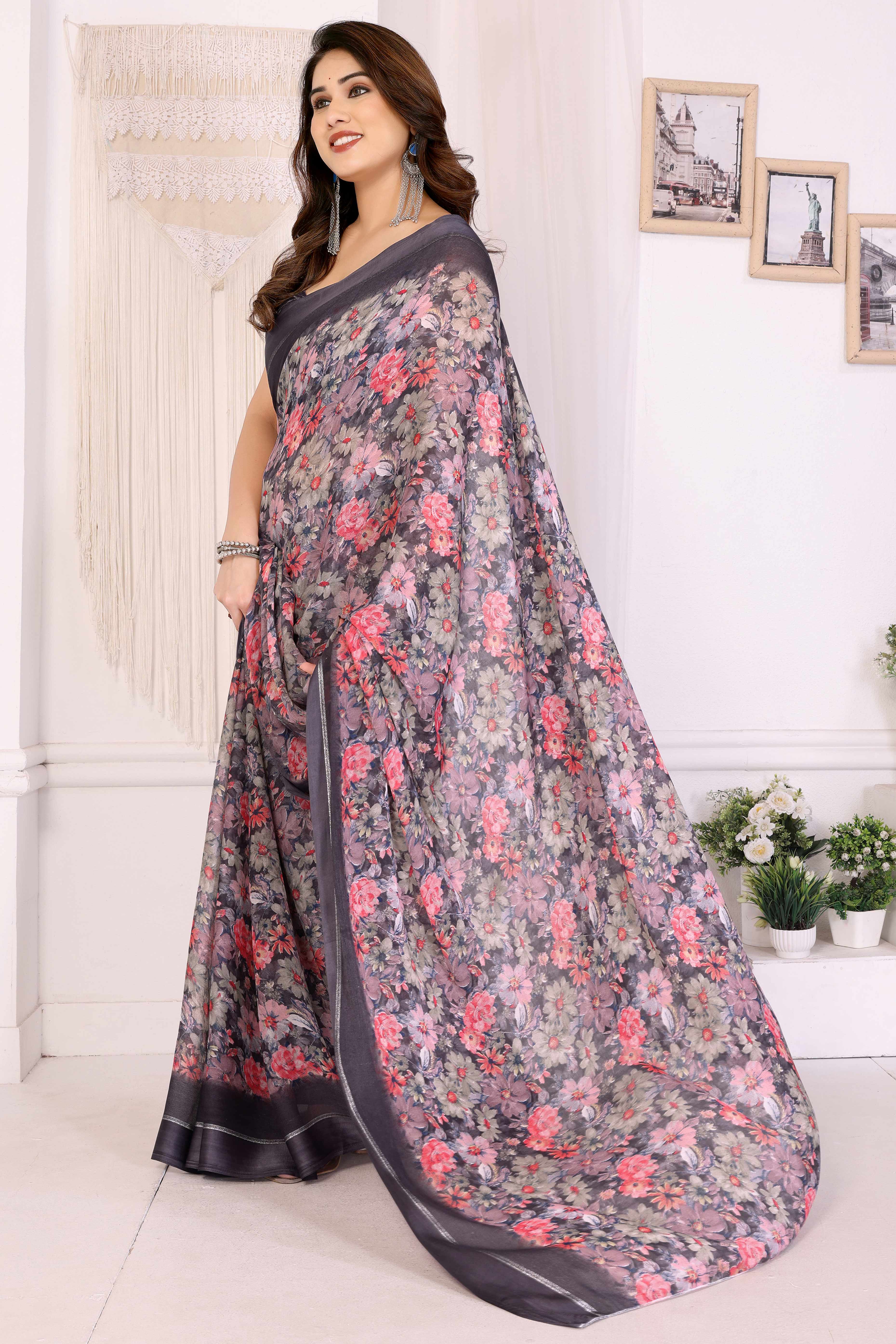 Black Moss Satin Saree With Blooming Floral Print Design