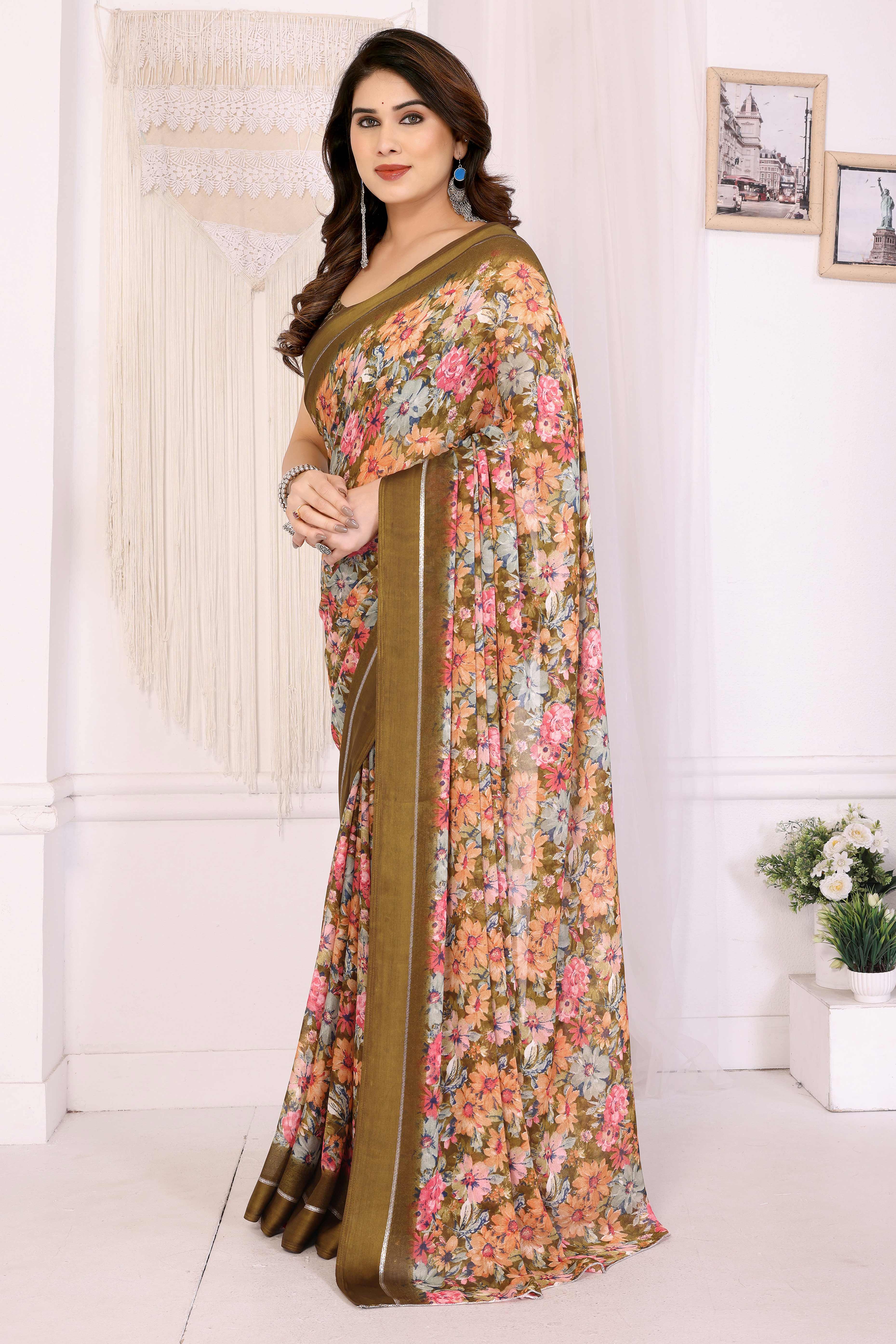 Dark Olive Moss Satin Saree With Blooming Floral Print Design