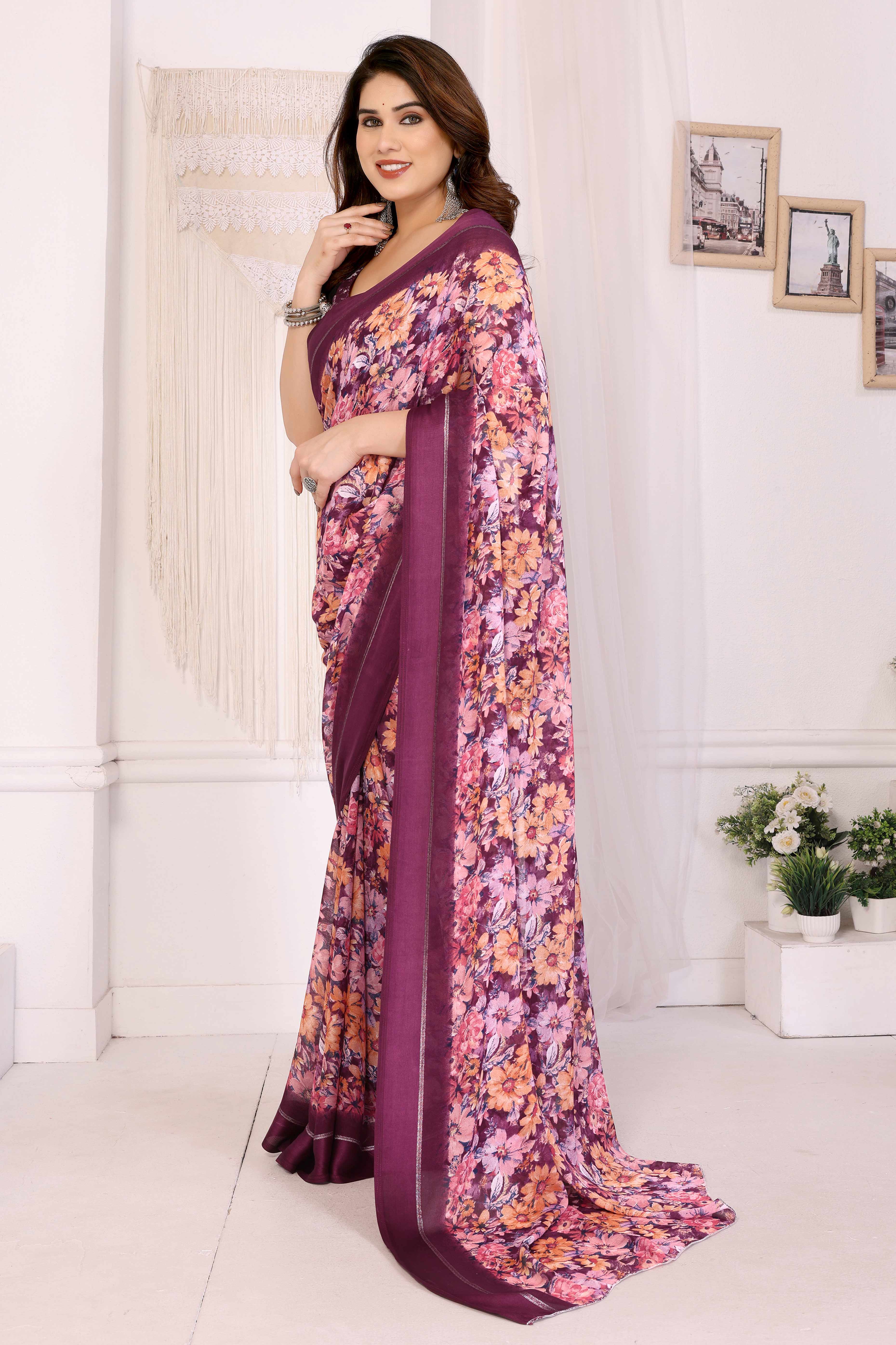 Purple Moss Satin Saree With Blooming Floral Print Design