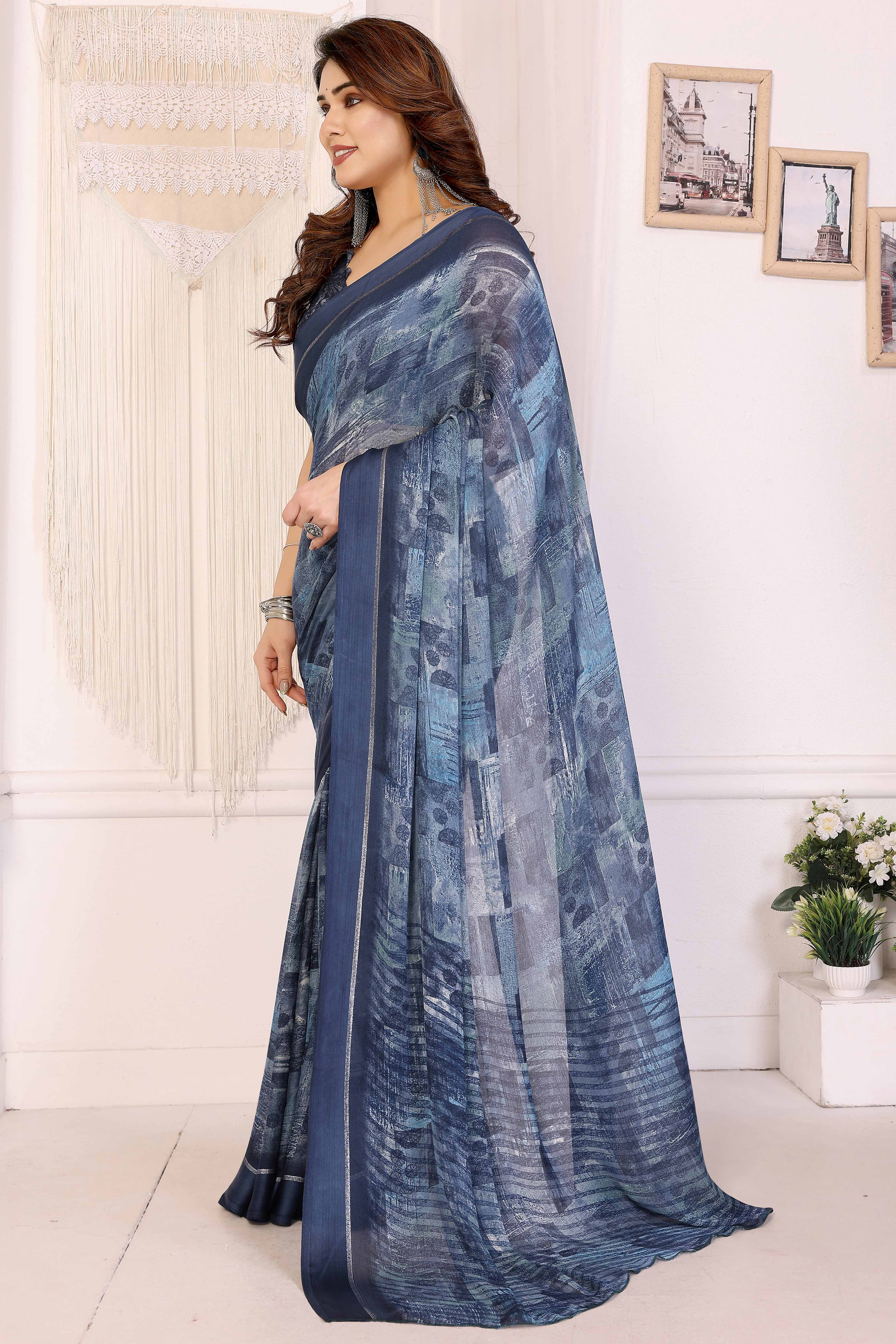 Trendy Blue Saree in Moss Satin with Floral Print Detailing