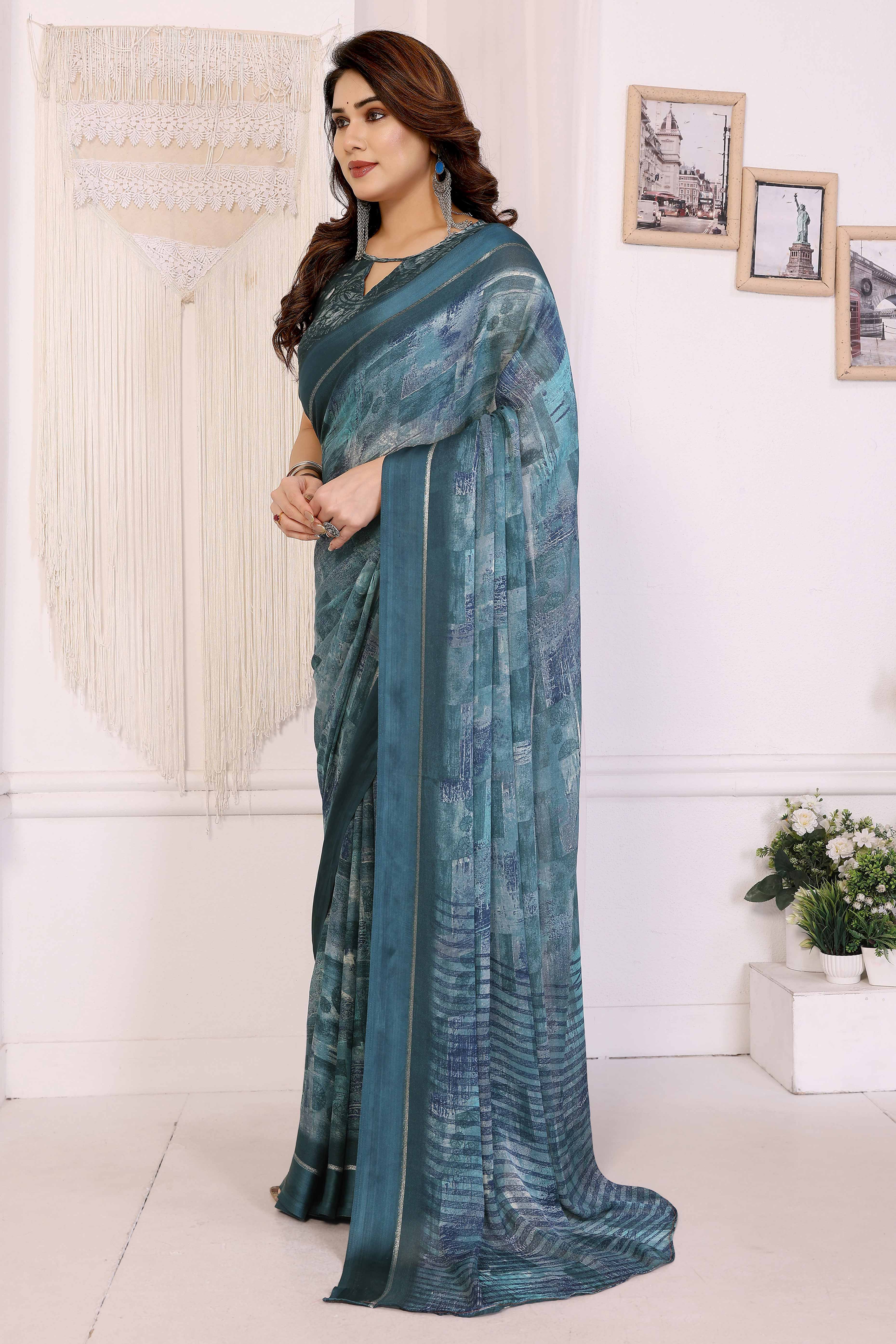Trendy Teal Saree in Moss Satin with Floral Print Detailing